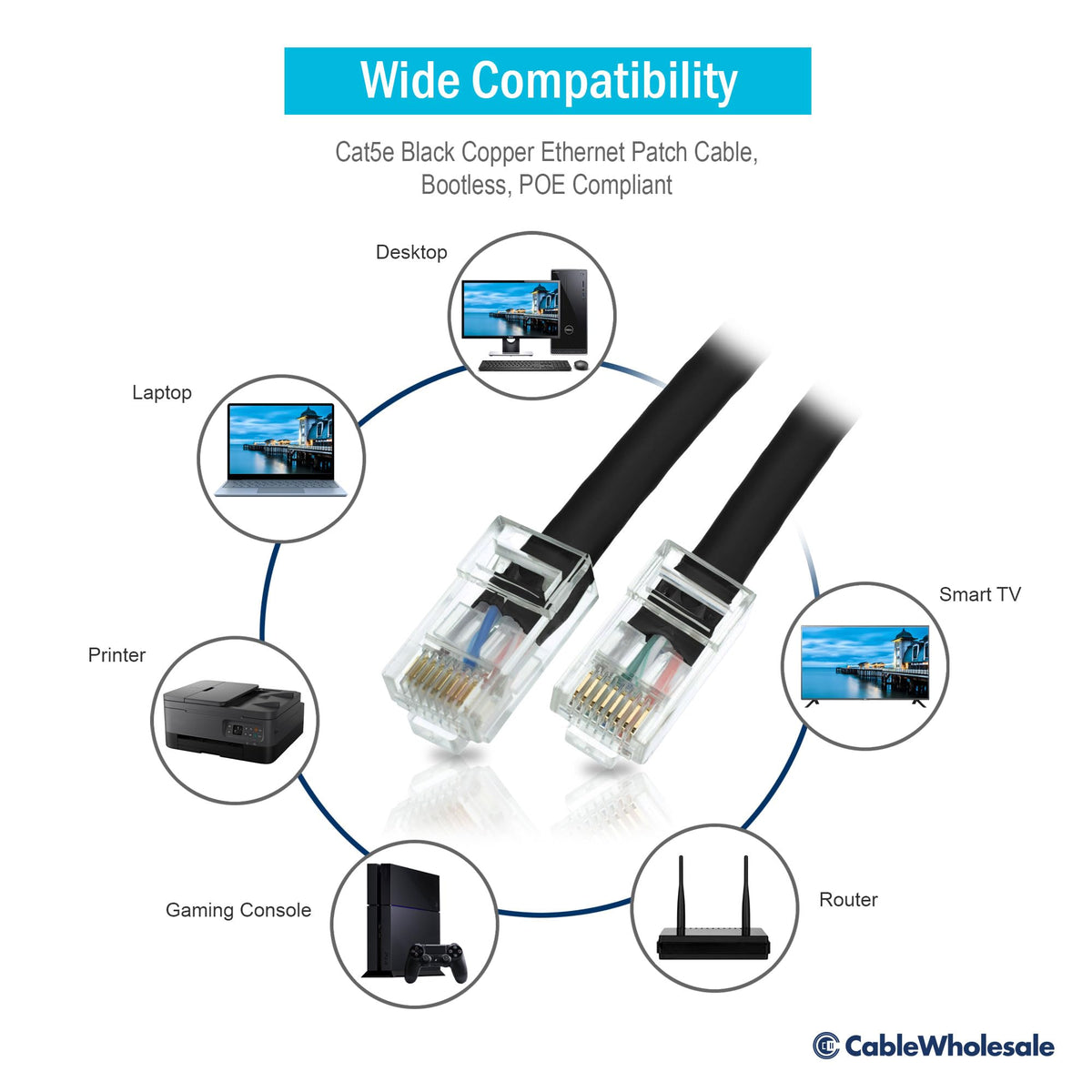 CableWholesale Cat5e UTP Ethernet Cable, Bootless, PoE, 100 ft, Black