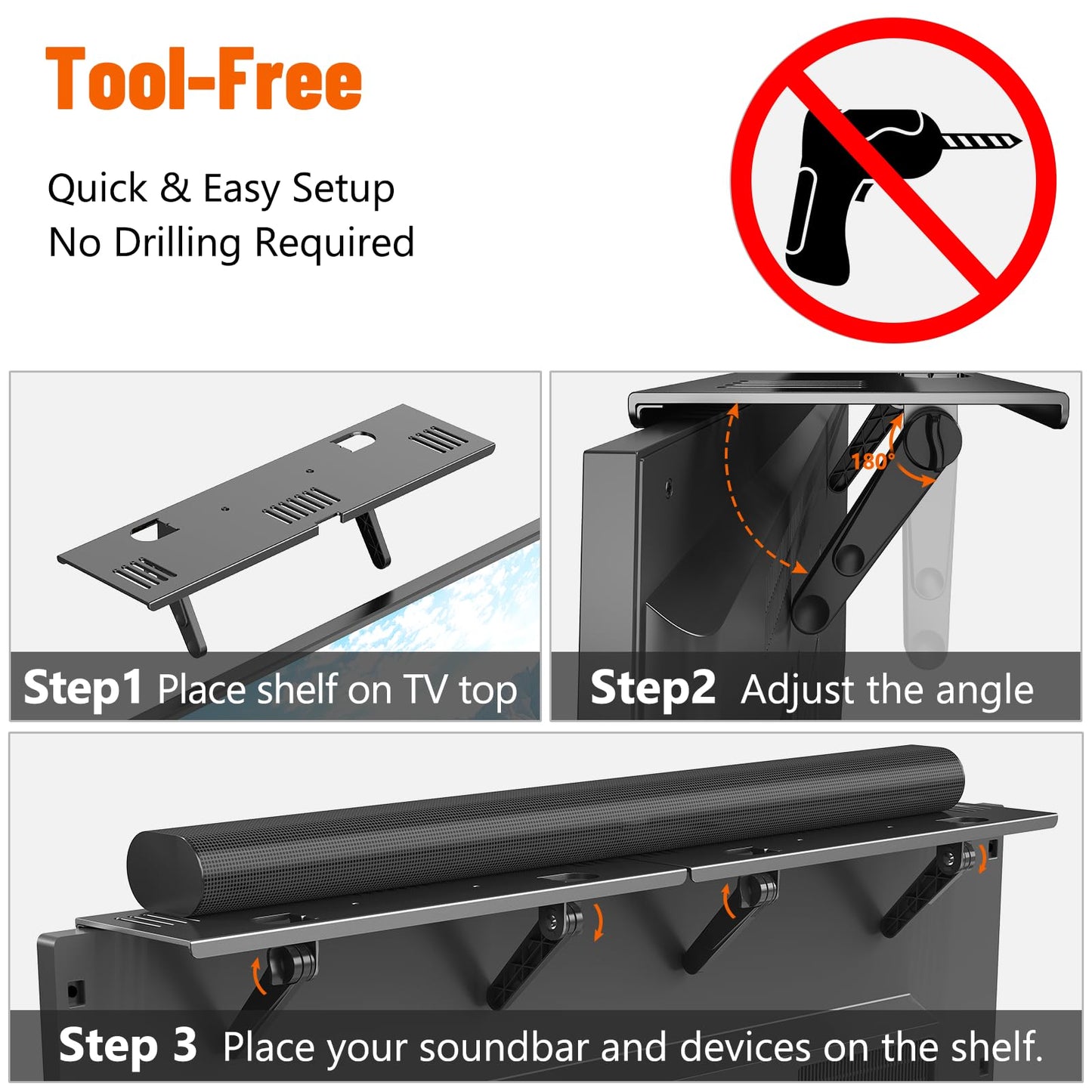 Soundbar Mount, No Drilling Steel TV Top Shelf Fits Most of Sound Bars Up to 15 Lbs, Universal Sound Bar TV Mount Bracket, Sound Bar Stand Compatible
