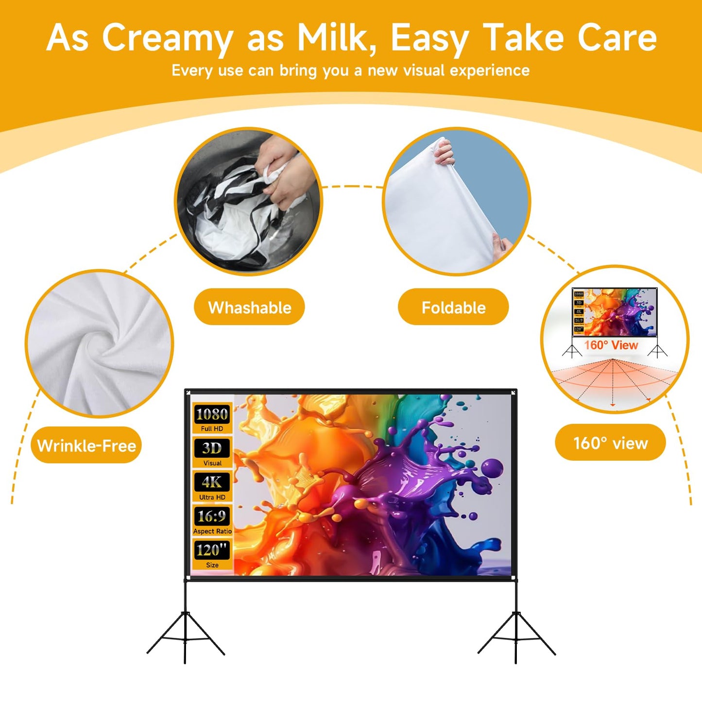 Outdoor Projector Screen with Stand, SCREENMAX 120 inch Foldable Projector Screens with Portable Carry Bag, 16:9 4k HD Rear Front Wrinkle-Free
