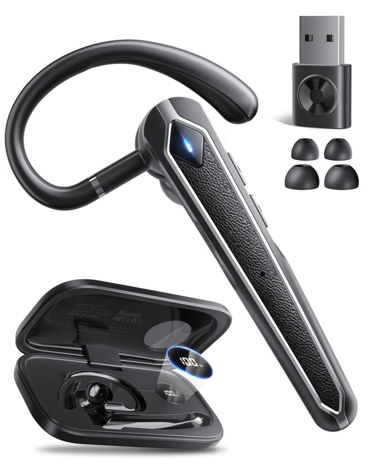 Bluetooth Headset, Wireless Bluetooth Earpiece with USB Dongle and Charging Case 100 Hours Talking Time Built-in Microphone for iOS Android Cell