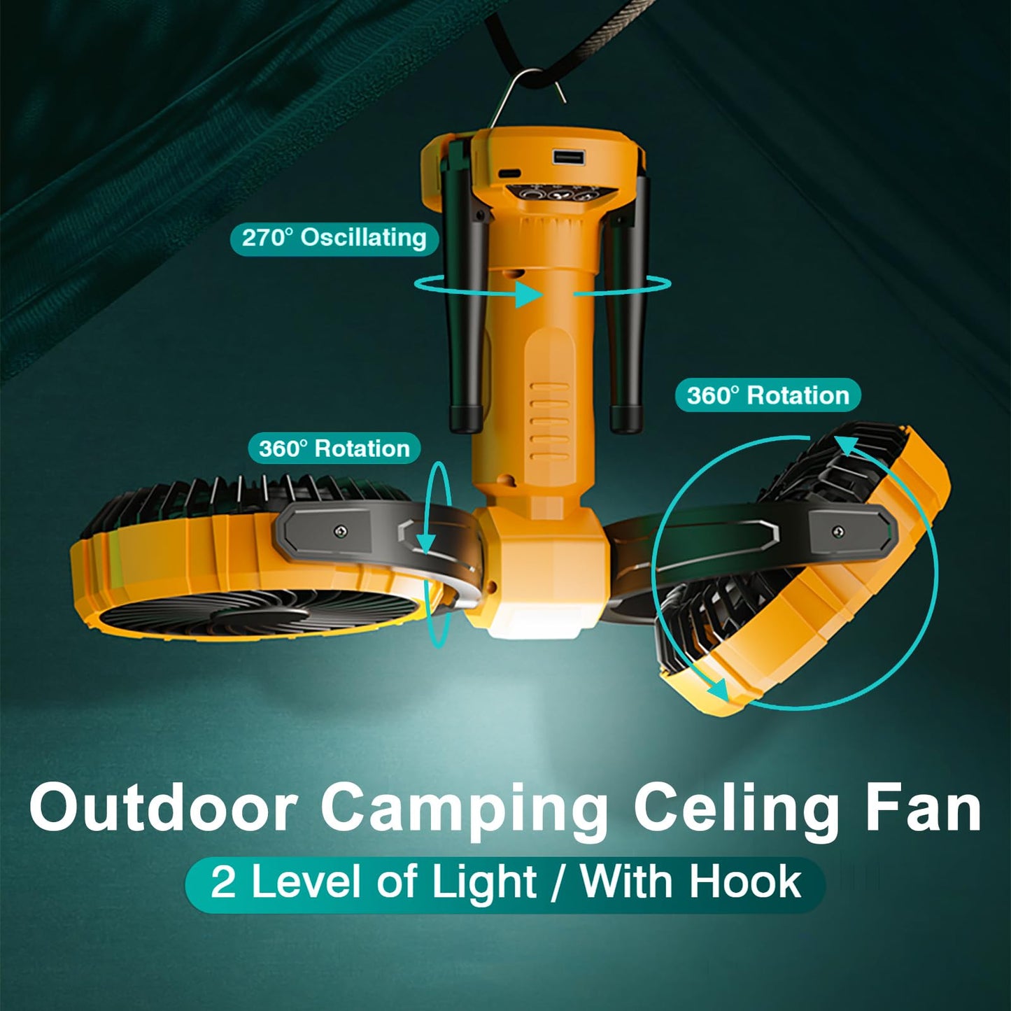 WISFISSH 10000mAh Outdoor Camping Fan, Oscillating Battery Operated Tent Fan with LED Lantern, Dual Head Rechargeable Tent Ceiling Fan with Tripod