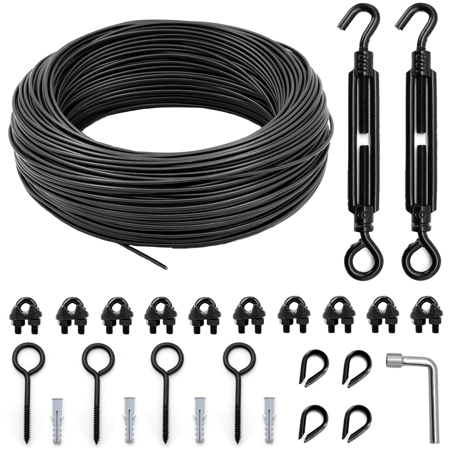 hannger String Light Hanging Kit Outdoor, Full Black Globe String Lights Suspension Kit w/ 50FT PVC Coated Steel Cable & Enough Accessories, Guide