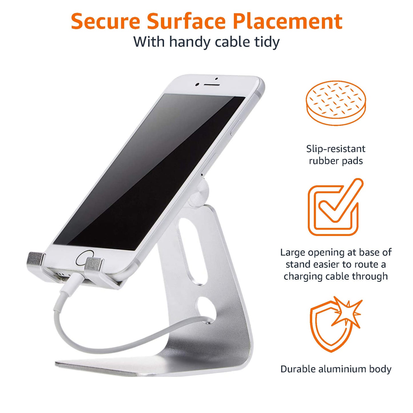 Amazon Basics Adjustable Aluminum Phone Stand for Cell Phones, iPhone and Android, Desktop Phone Holder with Adjustable Angle, Hands-Free Viewing