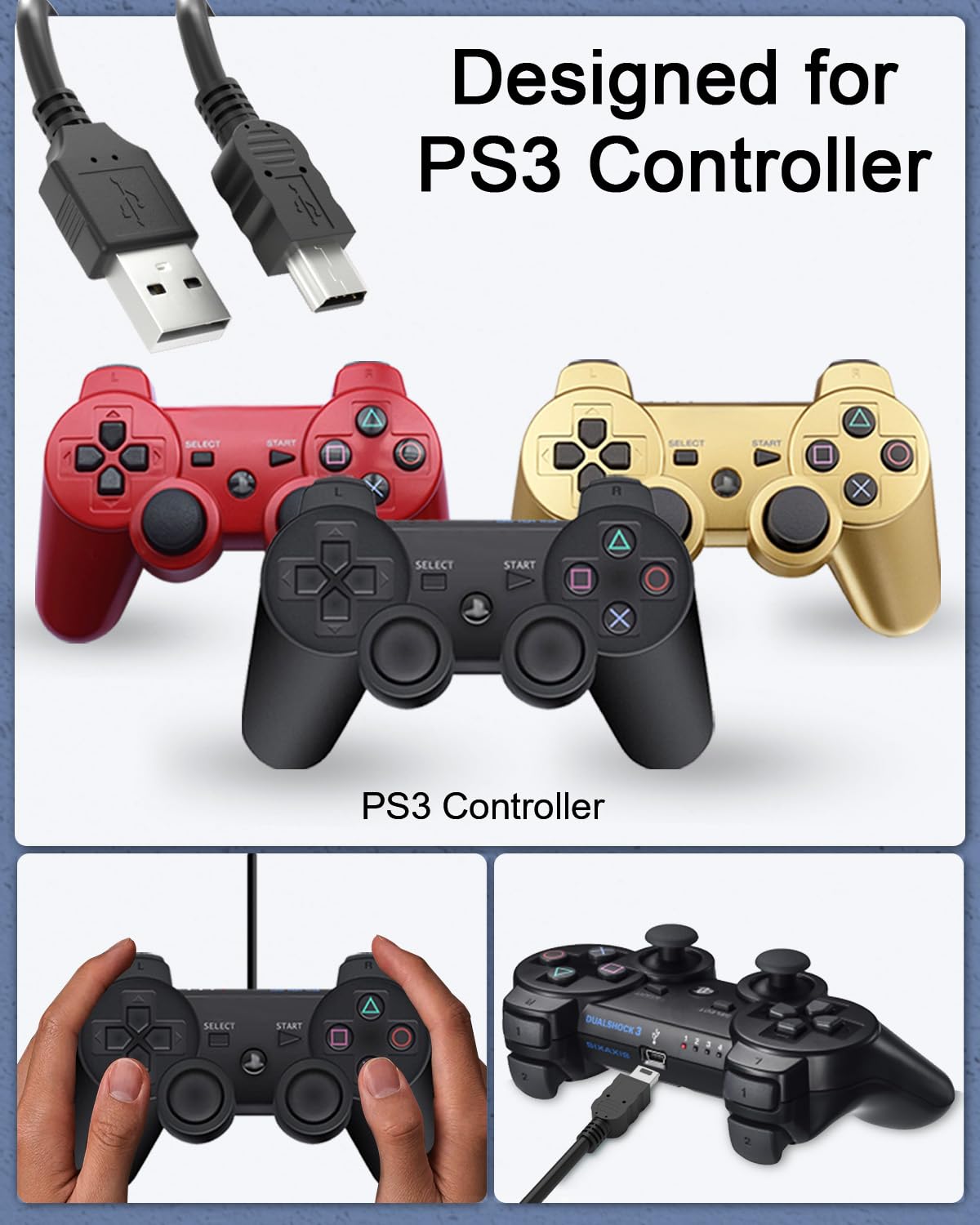 Bicmice Mini USB Cable Compatible with Ps3 Controller Charger 5pin Mini USB to USB A 2.0 480Mbps Charging Cable Data Cord for PlayStation 3 Controller