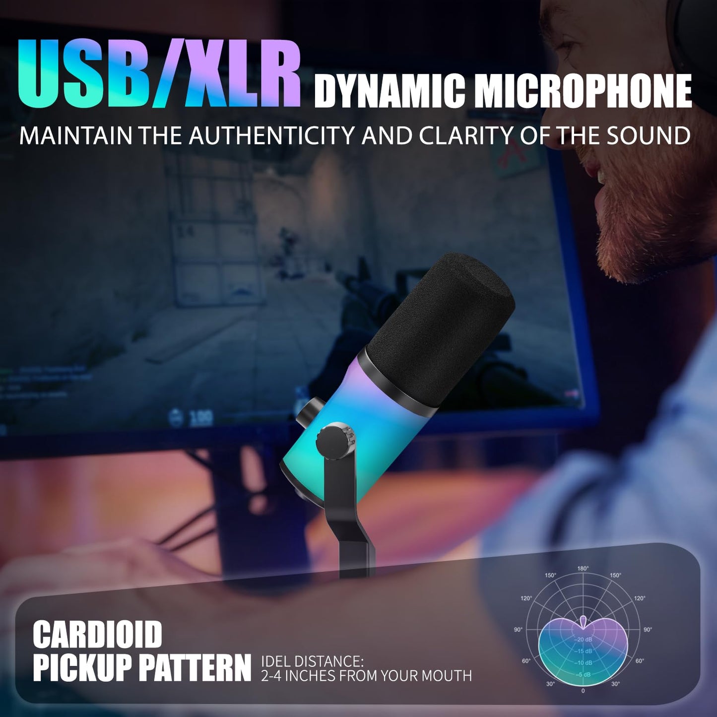 Kanganimbus XLR/USB Dynamic Microphone, Dynamic Pc Microphone for Live Streaming and Podcasting, Featuring RGB Lighting, Mute Function, Noise
