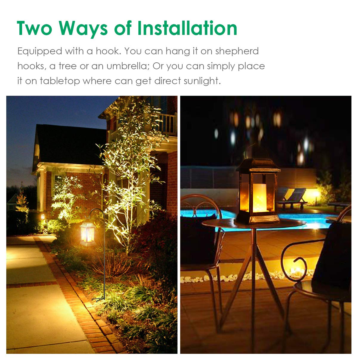 TomCare Solar Lights Metal Flickering Flame Solar Lantern Outdoor Hanging Lanterns Lighting Heavy Duty Solar Powered Waterproof LED Flame Lights