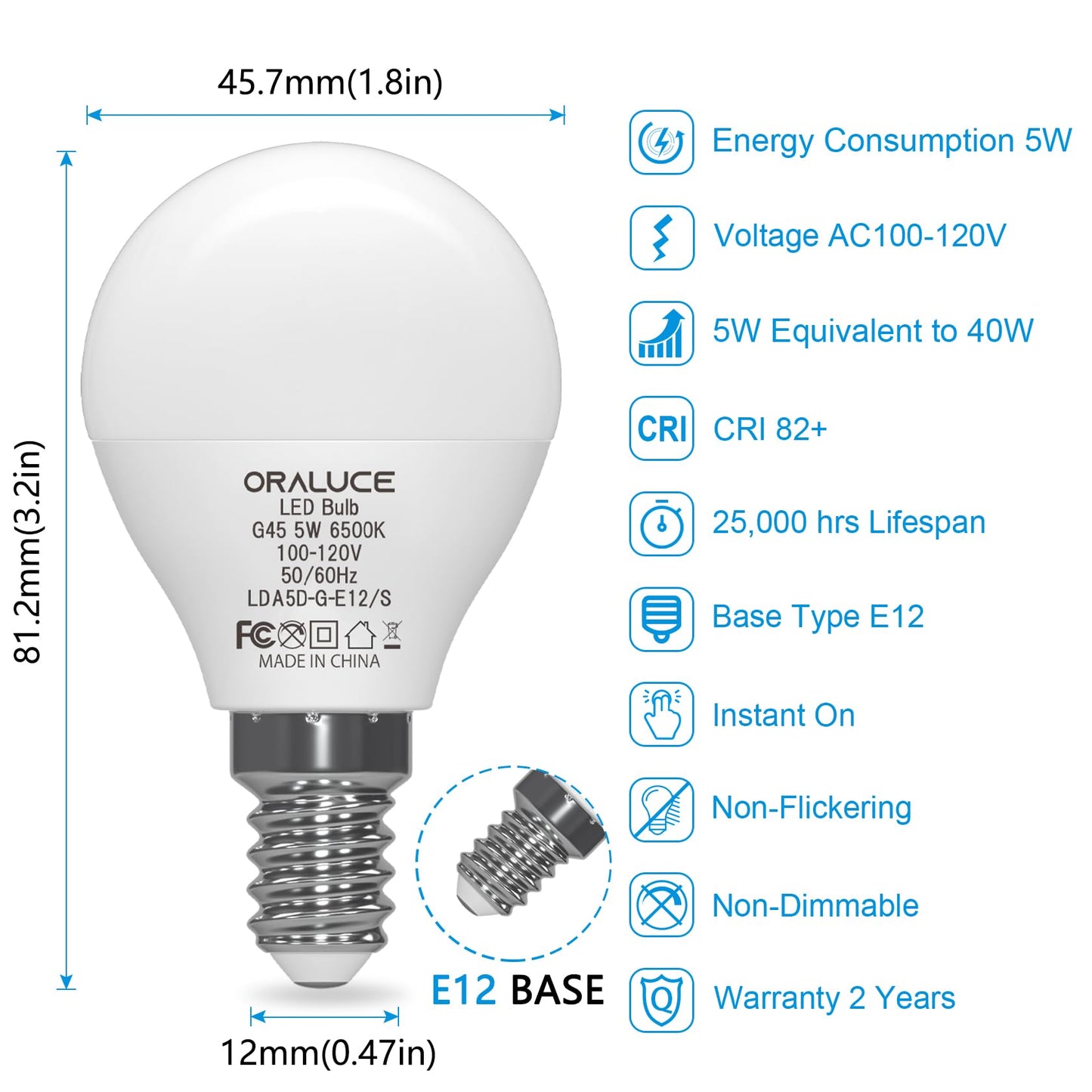 ORALUCE E12 Candelabra LED Bulb 40 Watt, 6500K Cool White A15, 6 Pack