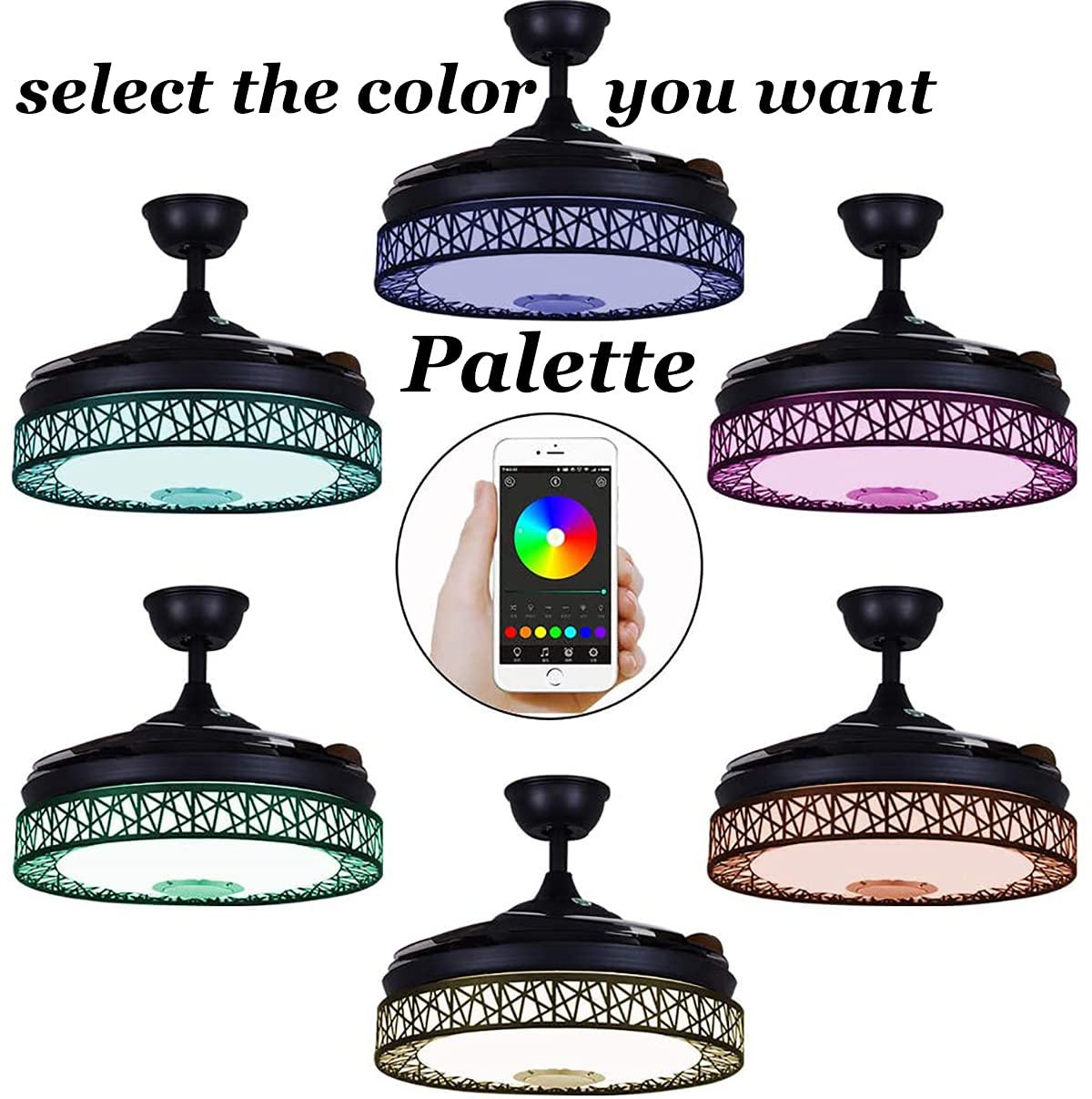 Iammix 42” Modern Retractable Ceiling Fan Indoor Light and Remote Fan Chandelier Light Fixture, Bluetooth Music Player Dimmable Colors, Black Nest