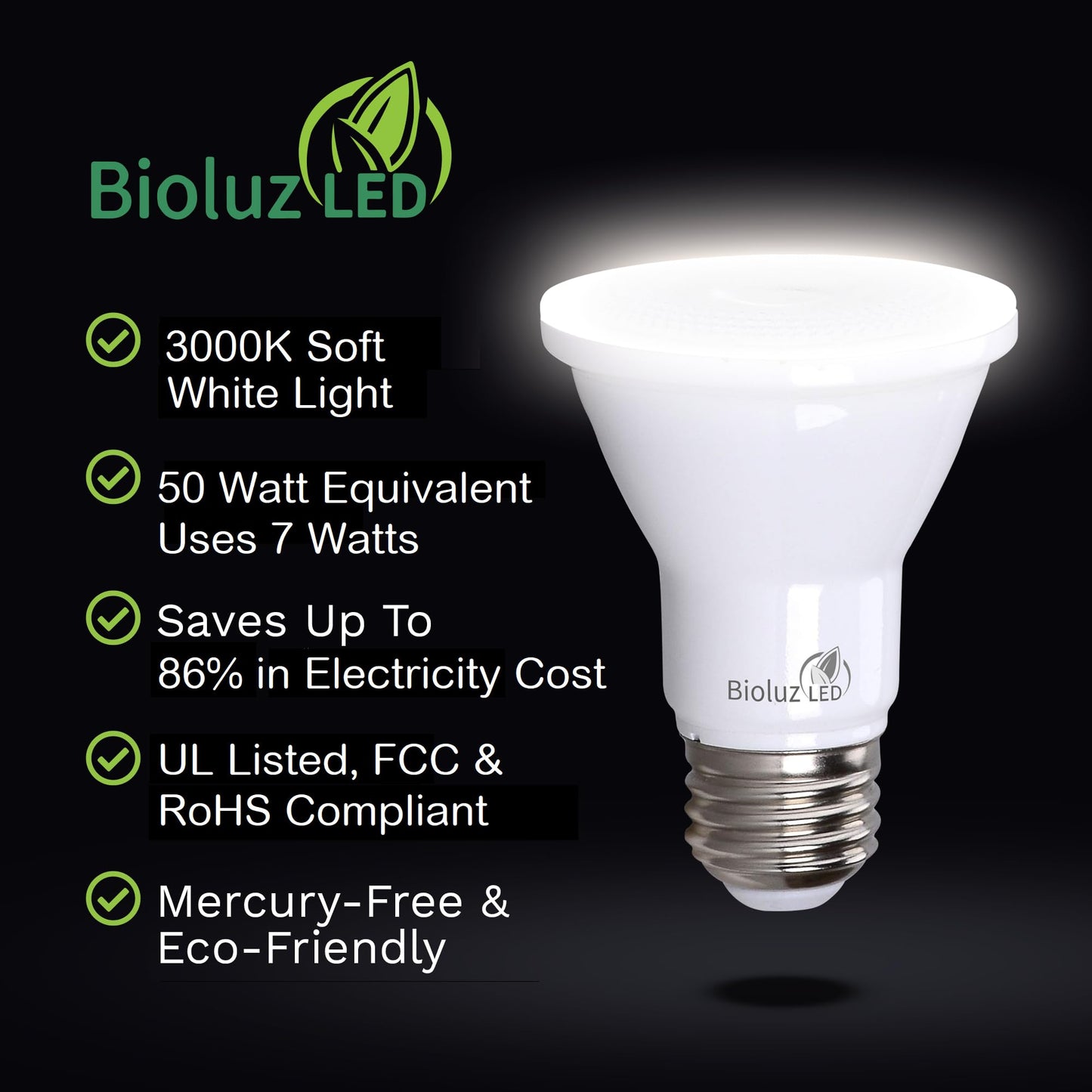 Bioluz LED 10 Pack PAR20 LED Bulbs 3000K Soft White Dimmable 50 Watt Equivalent Using 7W, Spot Light Bulb E26 Base 40 Degree Beam Angle UL Listed FCC