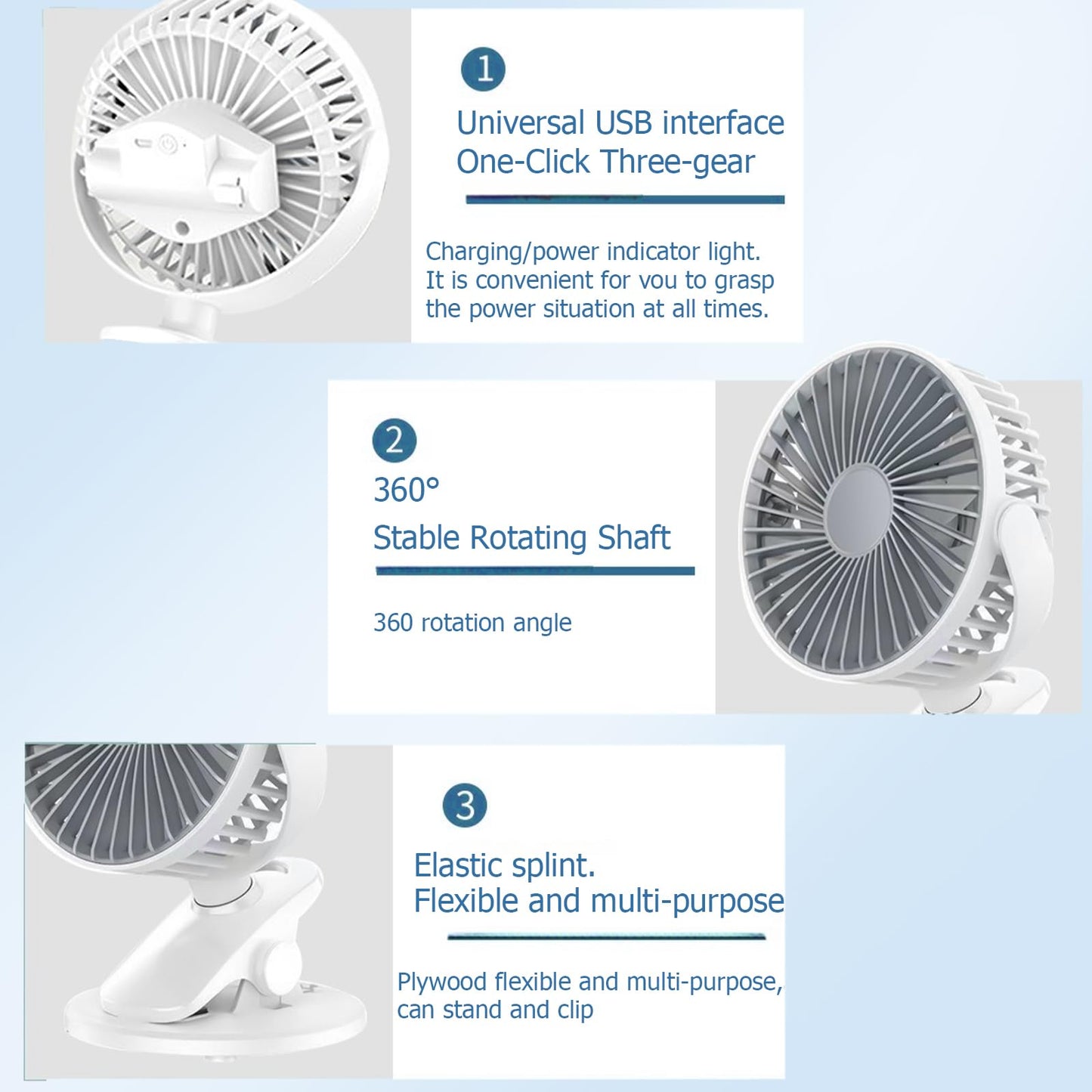 ormos Portable Desk Fan, Multi-Angle Adjustable, Wide Angle Breeze, White, USB Powered, Clip-On for Stroller, Office, Home, Travel