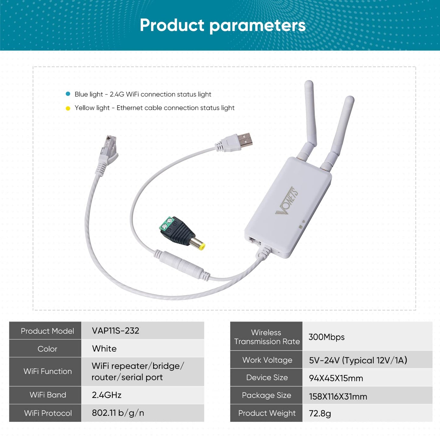 Vonets VAP11S-232 2.4GHz Mini Repeater/Wi-Fi Router/Serial Server with 2 External Antennas Wireless Bridge Best Partner for Electronic Scales, PLCs