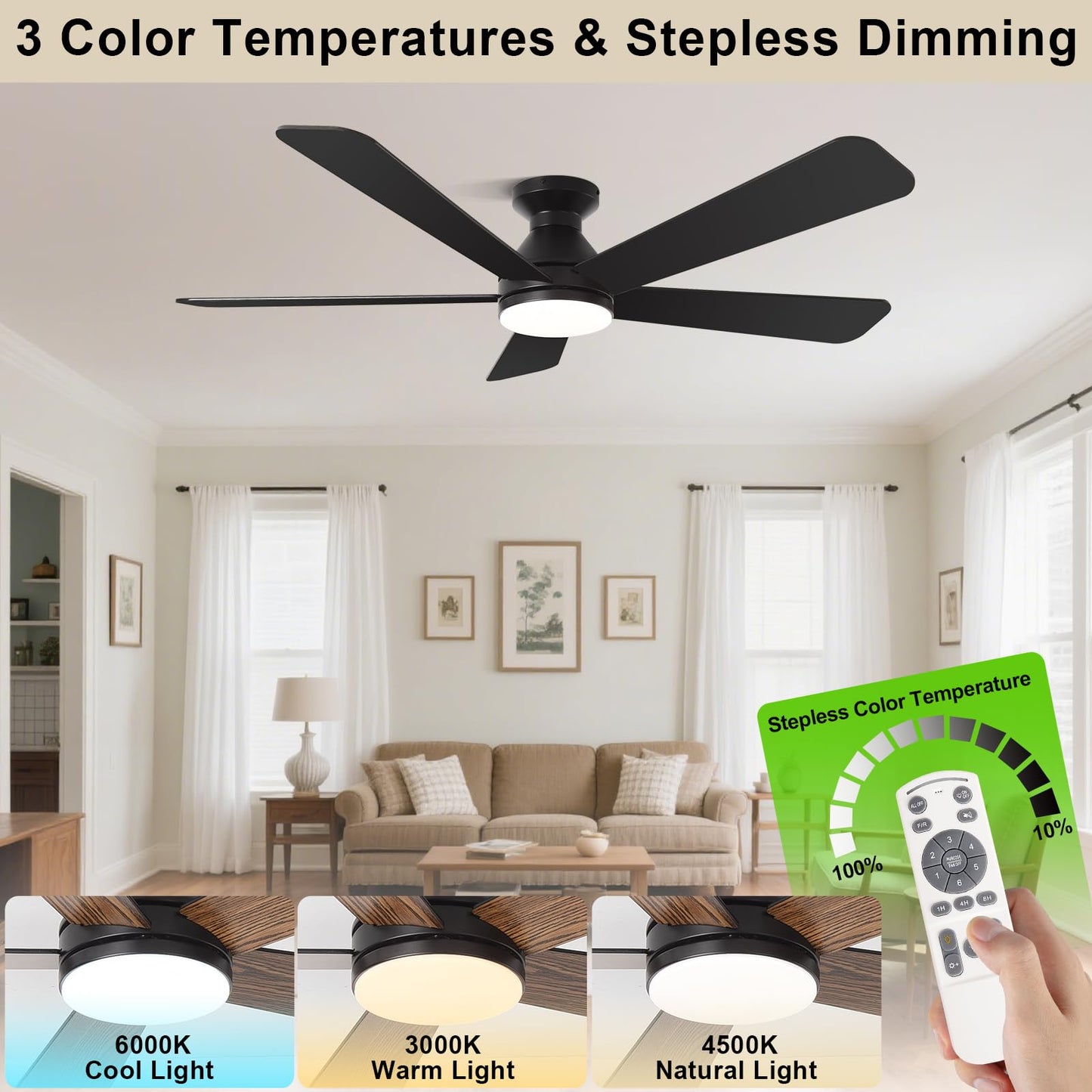 MOSSCO 52 Inch Black Low Profile Flush Mount Ceiling Fan with Light, Remote/APP Control, 3 CCT Dimmable, Noiseless DC Motor, Reversible, 6 Speed