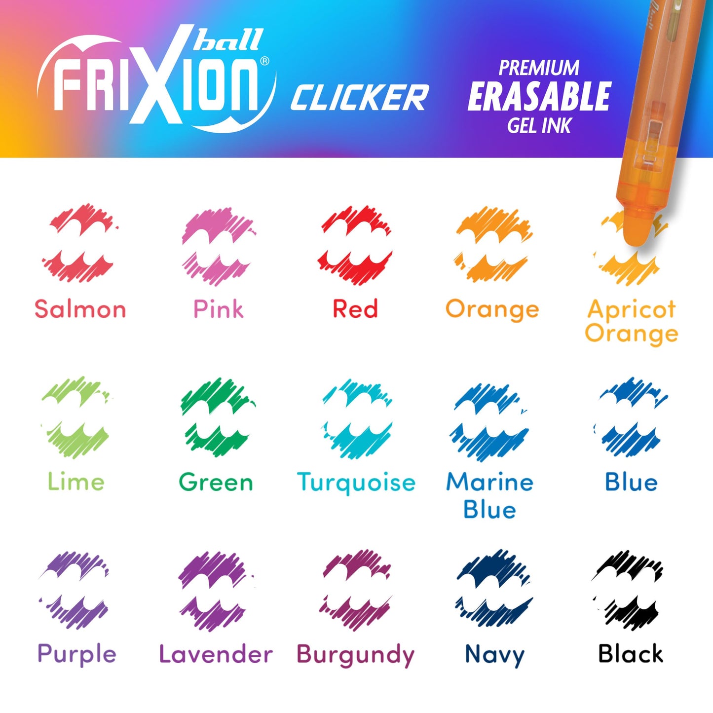 Pilot FriXion Clicker Erasable, Refillable & Retractable Gel Ink Pens Fine Point 0.7mm, Erasable Pens, Assorted Color Inks, 15-Pack Pouch