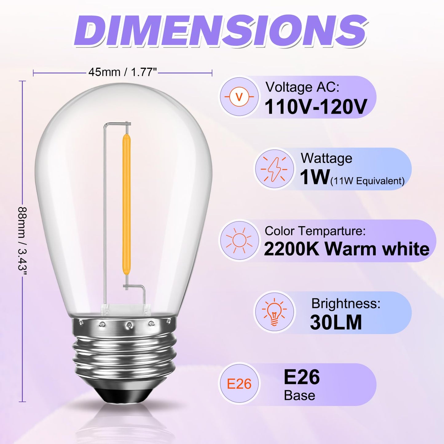 GvvooHome 24 Pack Shatterproof S14 LED Replacement Bulbs for Outdoor String Lights, 1W Equivalent to 11W Incandescent Bulb, Soft White 2200K