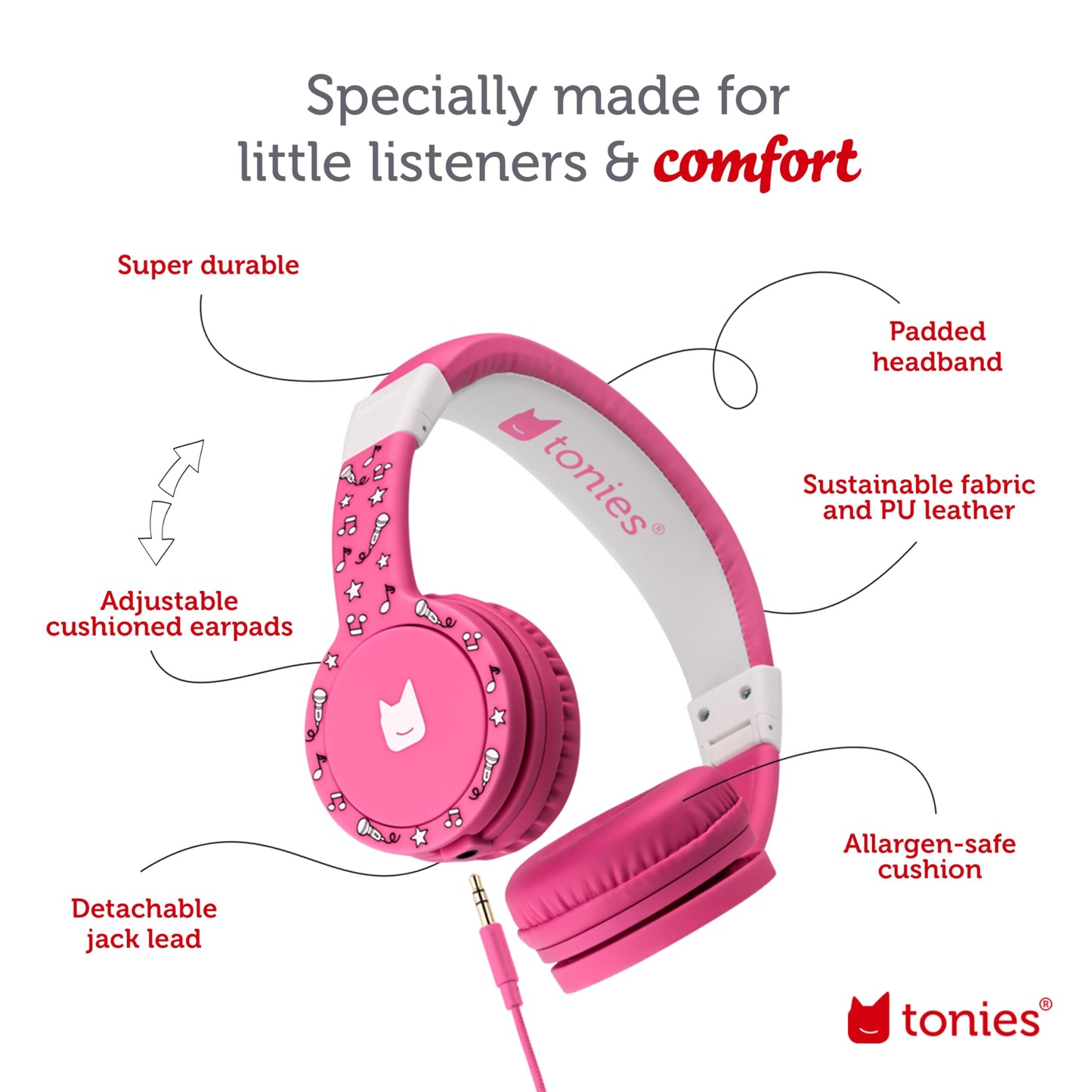 Tonies Foldable Wired Headphones for Kids - Comfortably Designed to fit On-Ear - Works with Toniebox 1 and All 3.5mm Devices - Pink