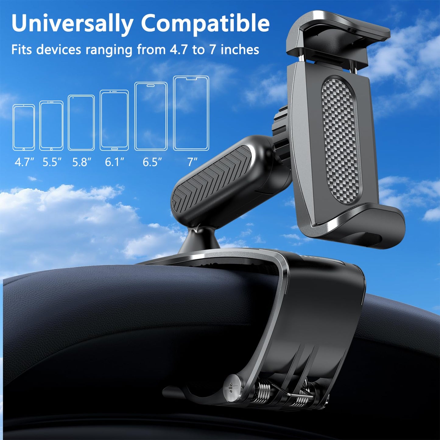RIEMKSL Car Dashboard Phone Clip Holder, 360° Rotating Dash Steering Wheel Cell Phone Clamp Mount Stand Compatible with 4-7 Inch Smartphones (Black)