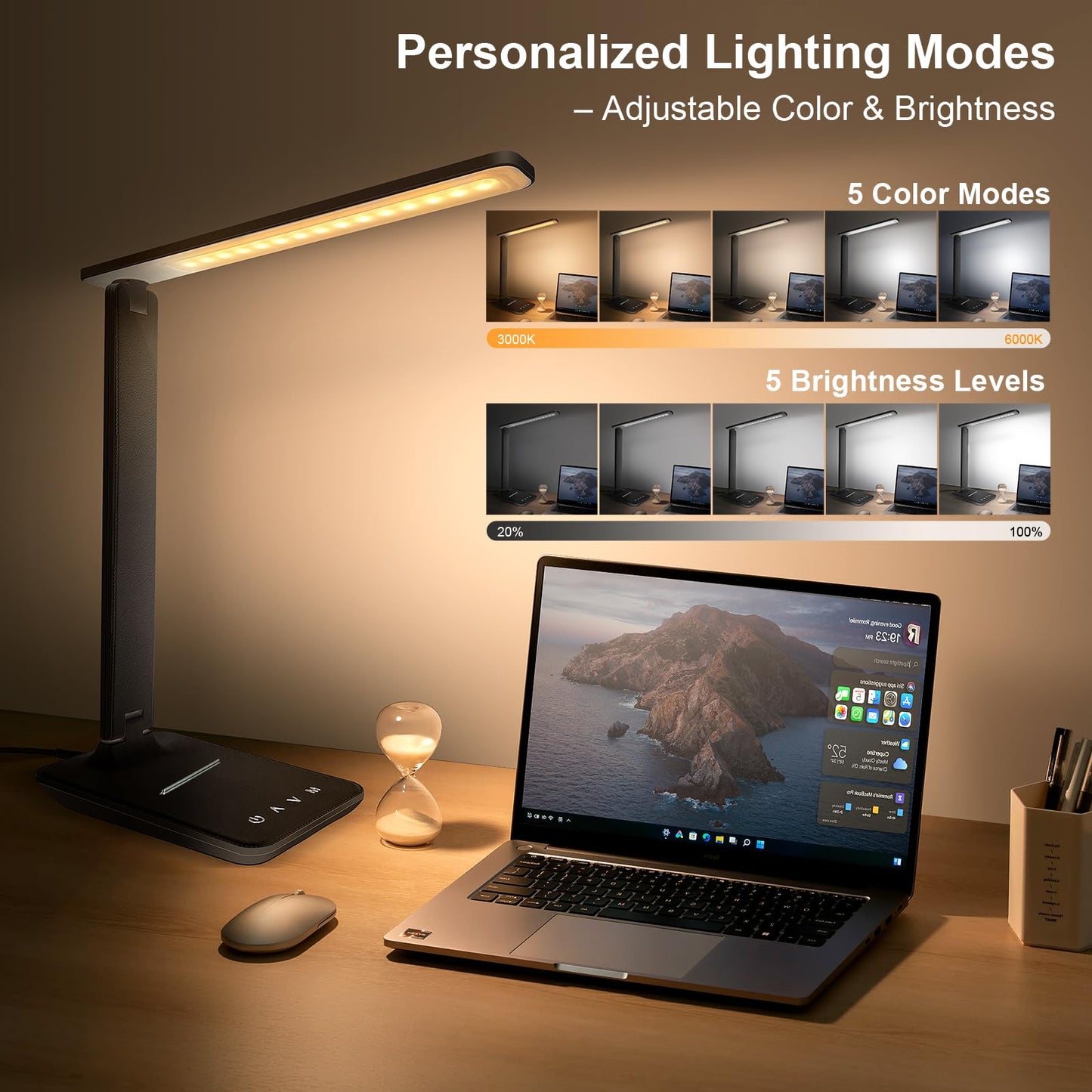 shinelife LED Desk Lamp for Office Home, Bright Desk Light with USB Charging Port, Adjustable Dimmable Desk Lamps 5 Modes 5 Brightness, Touch Study