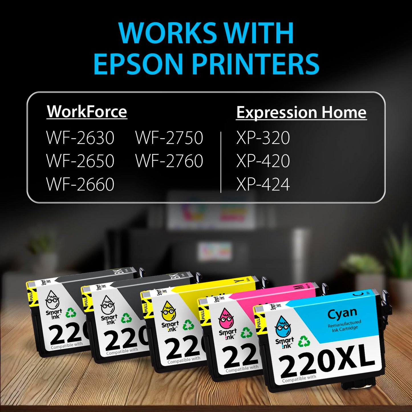 Smart Ink Remanufactured Ink Cartridge Compatible with Epson 220 XL T220 220XL 5 Multipack (2 Black, C/M/Y) to use with Workforce WF2630 WF2650 WF2750