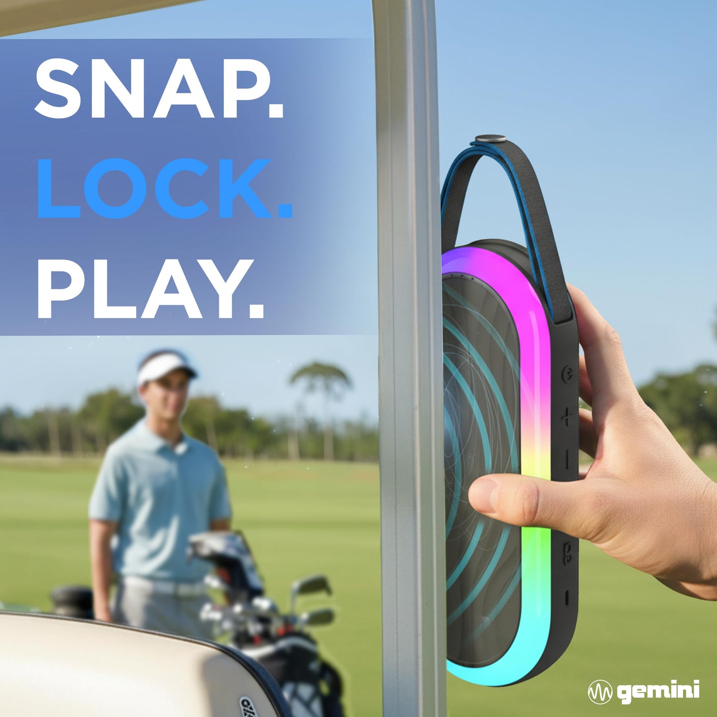 Gemini Magnetic Bluetooth Speaker for Golf Cart - Strong Magnet, Wireless Stereo, 8-Mode LED/RGB Lights, USB-C Fast Charge, IPX6 Waterproof (BeatGrip