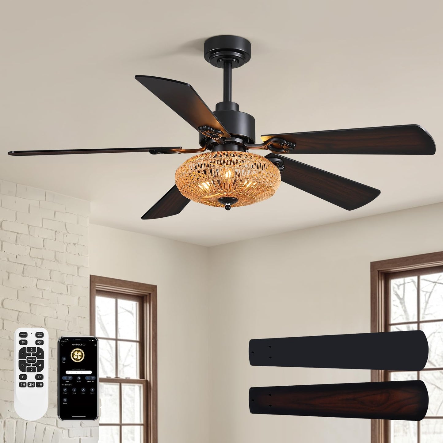 APBEAMLighting 52inch Ceiling Fan with Boho Rattan Caged Lampshade