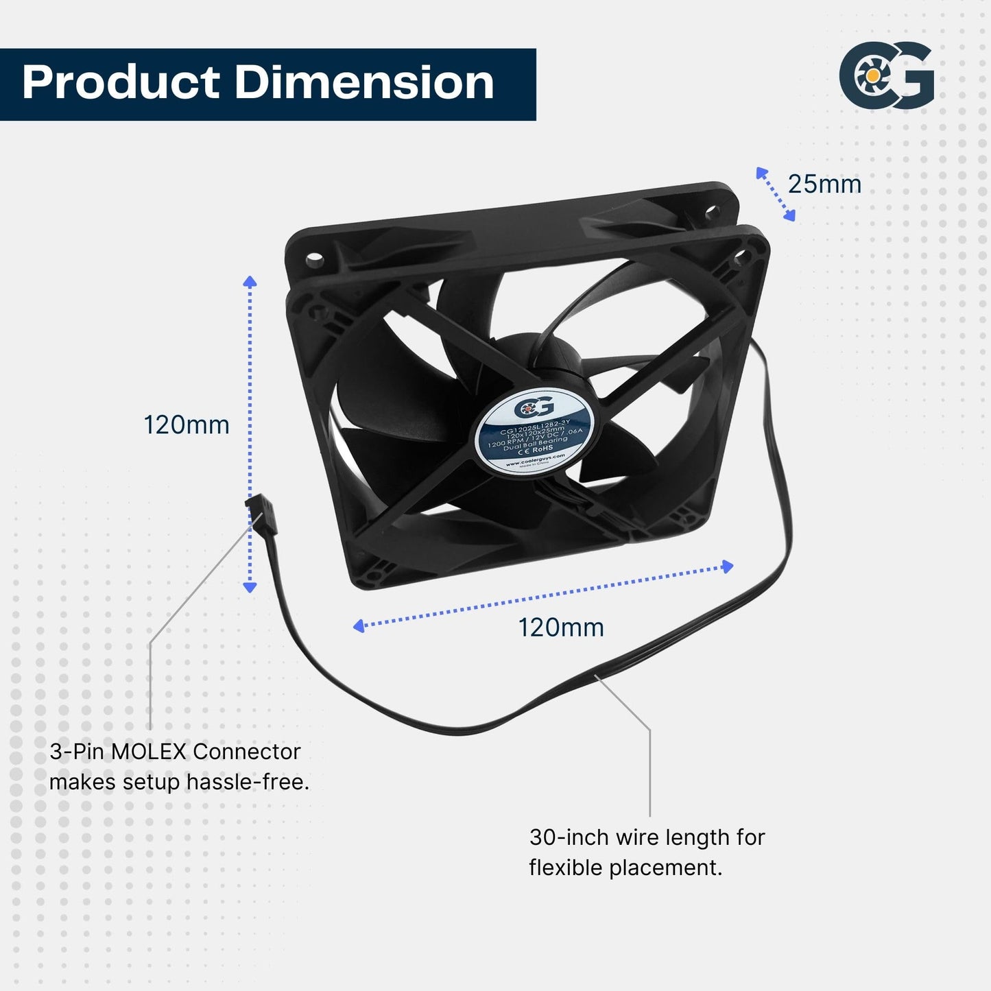 Coolerguys Dual Ball Bearing 12v 3pin Fan (120x25mm, Low Speed)