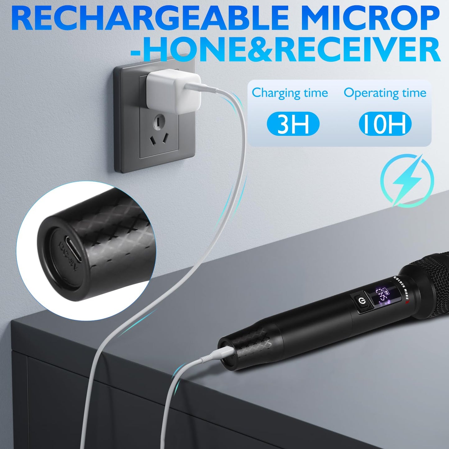 GOLDEN MARS Wireless Microphone, Upgraded 2.4GHz Rechargeable Professional 2 Pack Handheld Microphones with Stable Reception Up to 300 FT for Singing