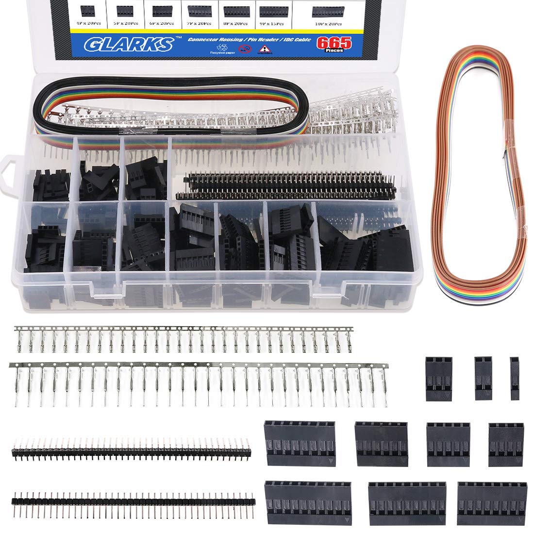 Glarks 635Pcs Connector Housing Male/Female Pin Connector 40 Pin 2.54mm Pitch Pin Headers and 10 Wire Rainbow Color Flat Ribbon IDC Wire Cable