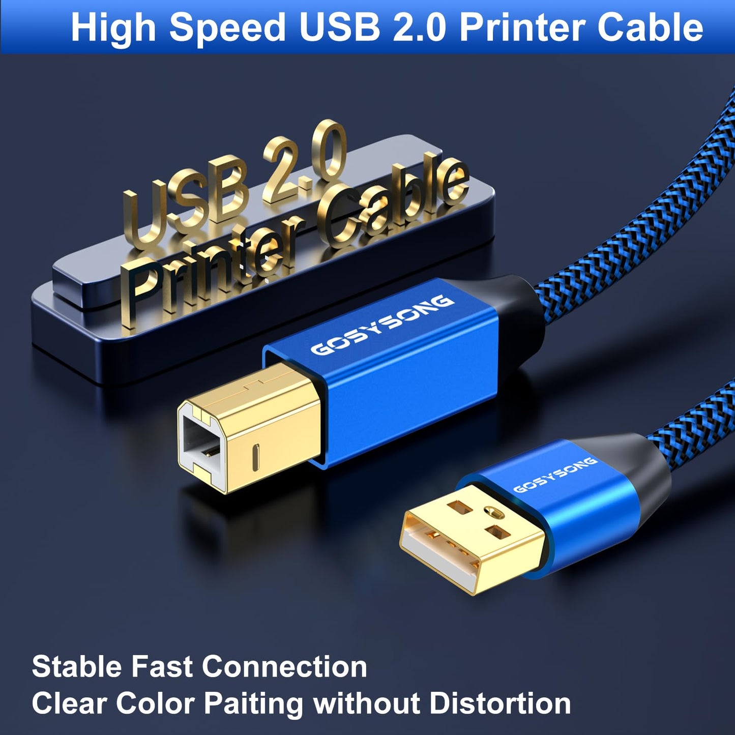 GOSYSONG 20ft USB 2.0 Printer Cable High Speed USB A to USB B Cable Compatible with HP, Canon, Dell, Epson, Xerox Printers (Blue)