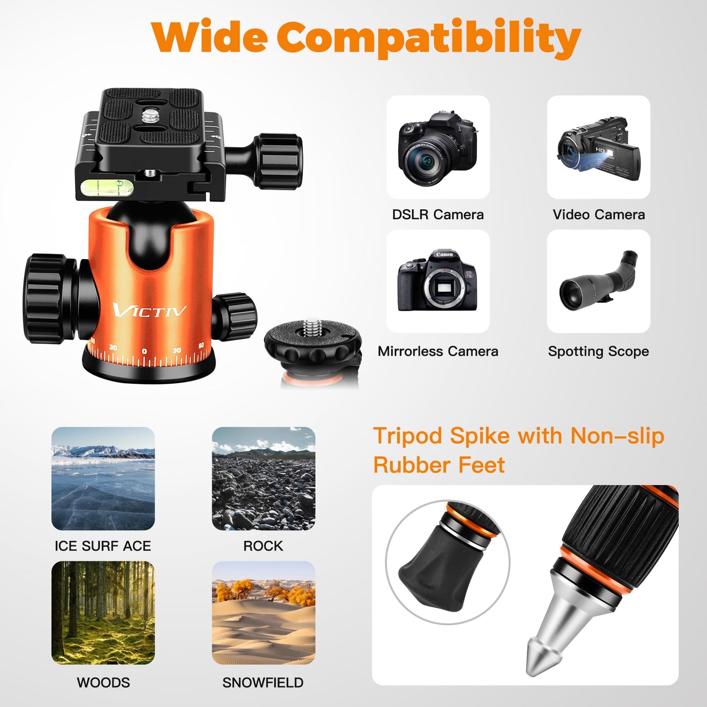 Victiv 80" Camera Tripod, Aluminum Heavy Duty Tripod Stand with 360° Ball Head, Camera Tripods & Monopods with Carry Bag, Suitable for Canon Nikon