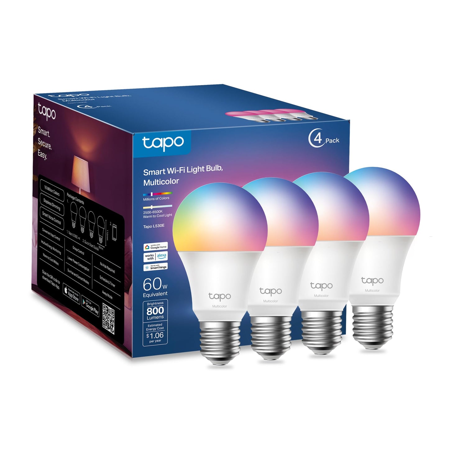 Tapo TP-Link Smart Light Bulbs, 16M Colors RGBW, Dimmable, Compatible with Alexa and Google Home, A19, 60W Equivalent, 800LM CRI>90, 2.4GHz WiFi only