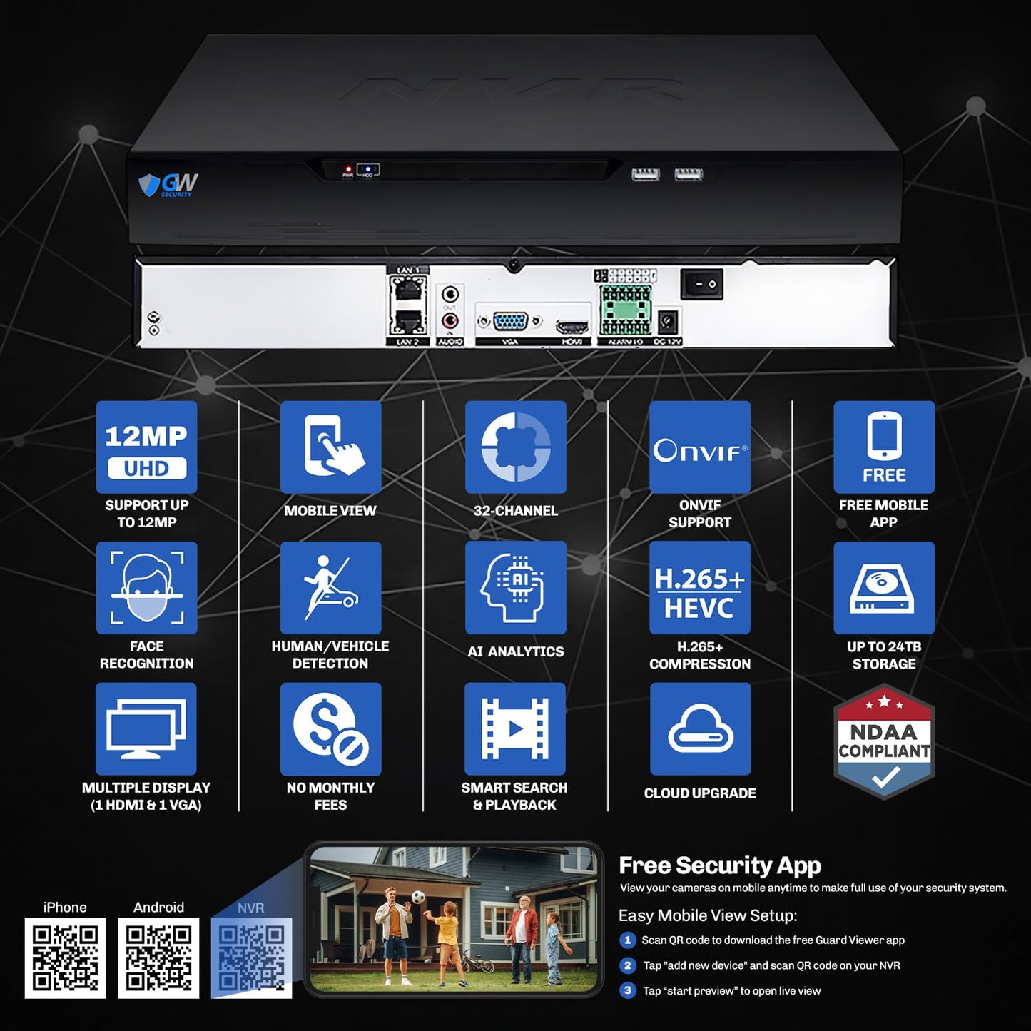 GW Security 32 Channel NVR UltraHD 4K Face Recognition NDAA & TAA Compliant Security Camera System with 32 x 8MP @25FPS Outdoor & Indoor PoE Turret