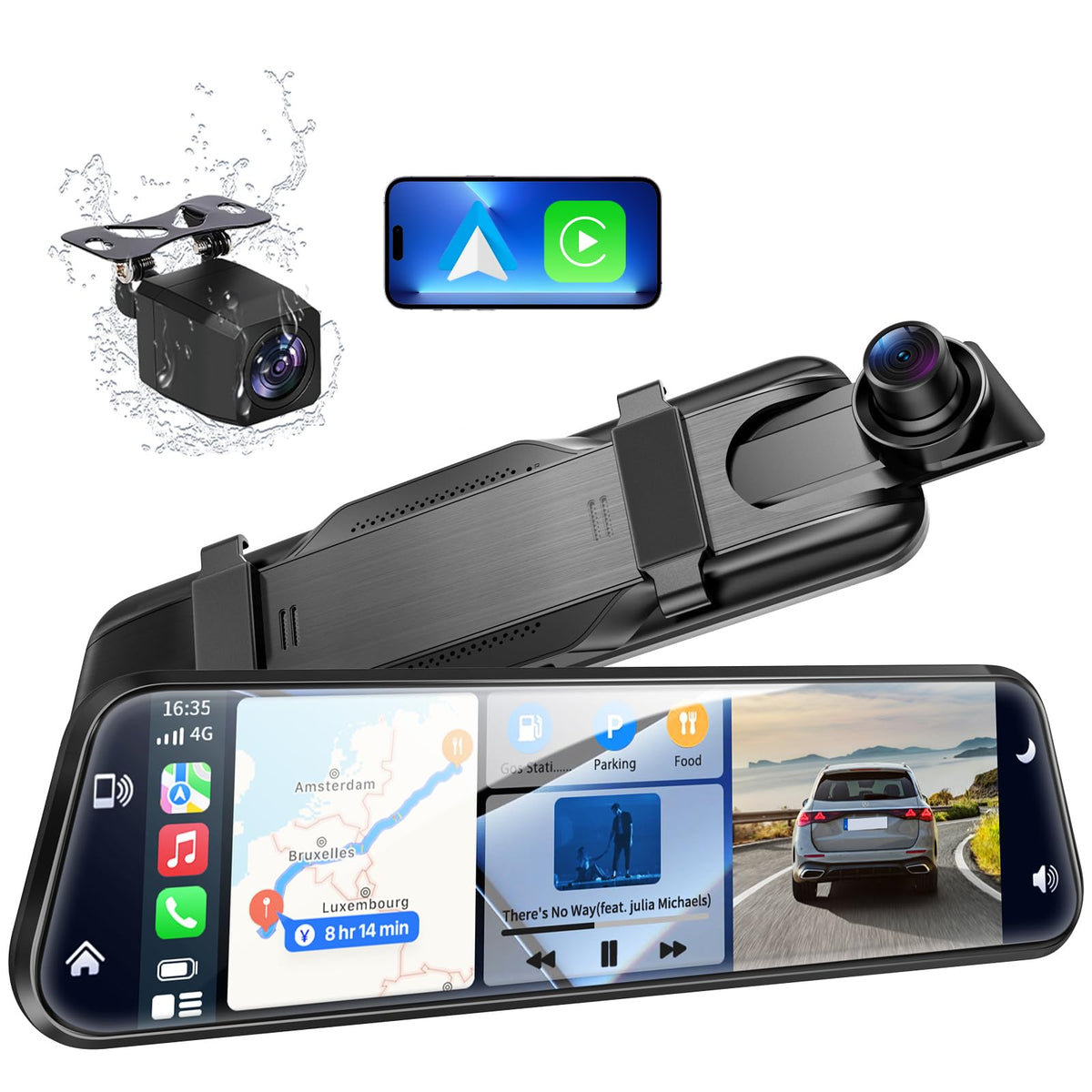 10" Mirror Dash Cam with Android Auto&Carplay 2.5K Rear View Mirror Camera