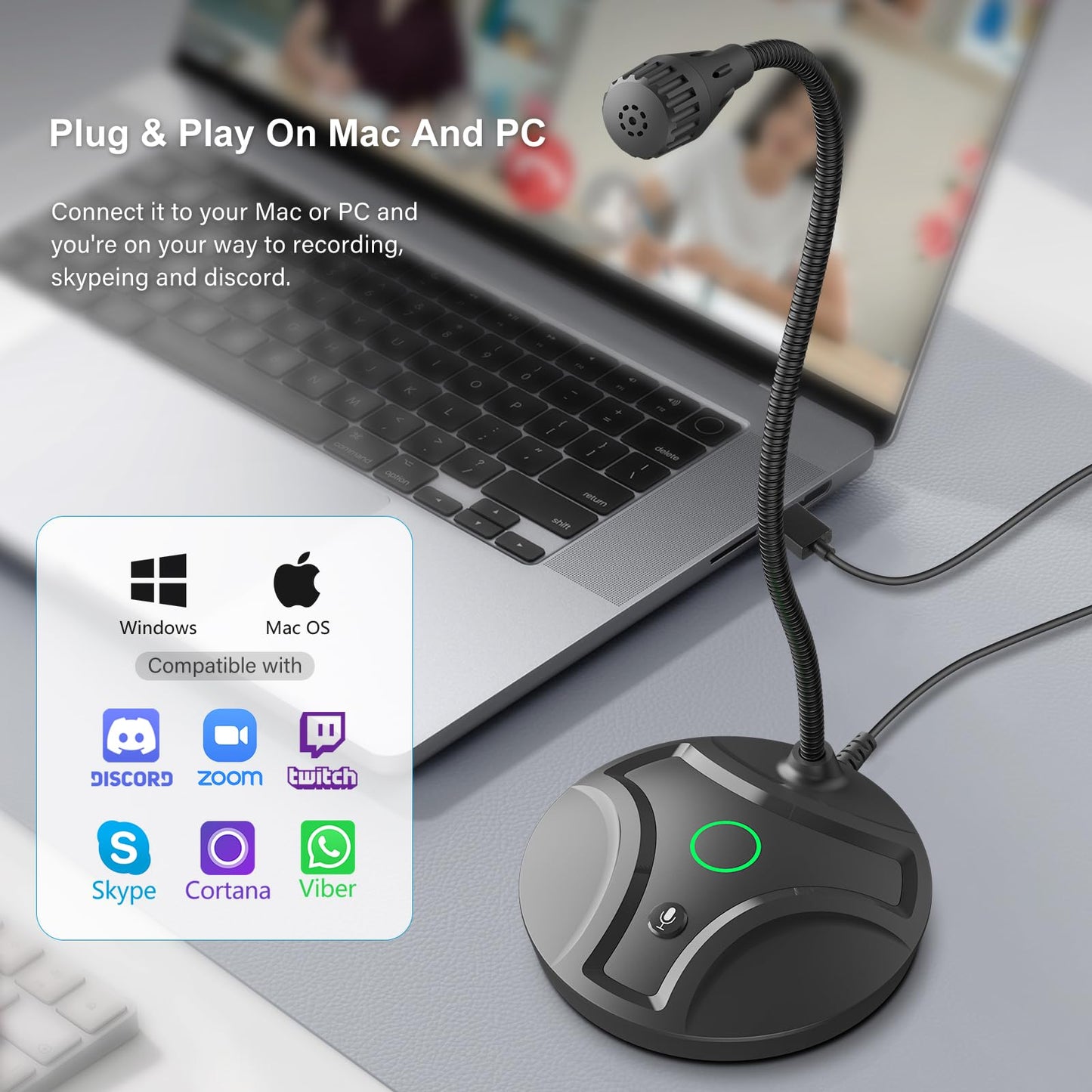 CMOCIIY Plug & Play USB Computer Microphone, Flexible Gooseneck & Mute Button LED - Desktop Microphone for Gaming, YouTube, Streaming, Compatible with