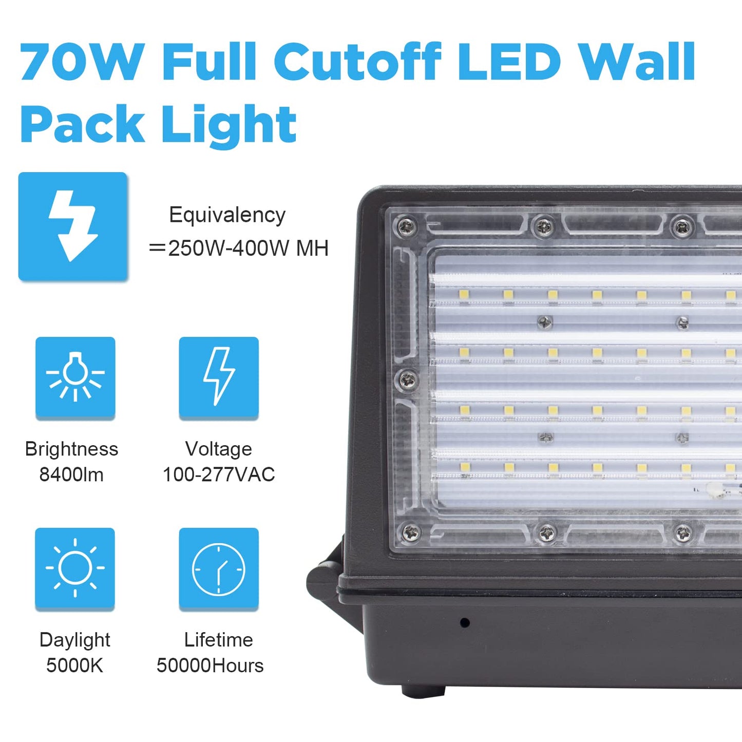 Amptonica LED Full Cutoff Wall Pack, 70W(600W Eqv.) 8,400LM 5000K with Dusk to Dawn Photocell, 100-277Vac, LED Wall Pack for Outdoor Lighting (1 Pack)