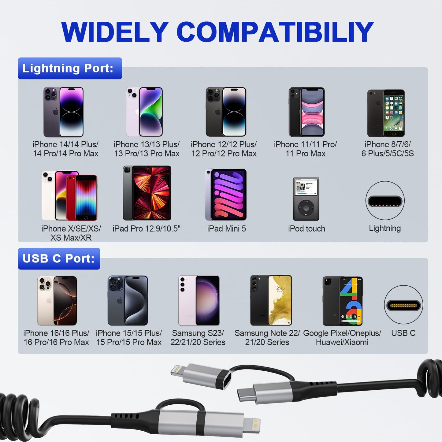 USB to USB-C and Lightning Cable Combo, 2 in 1 Coiled iPhone Charger Cable Apple Carplay & Android Auto, [MFi & 3A Fast Charge] Retractable Lightning…