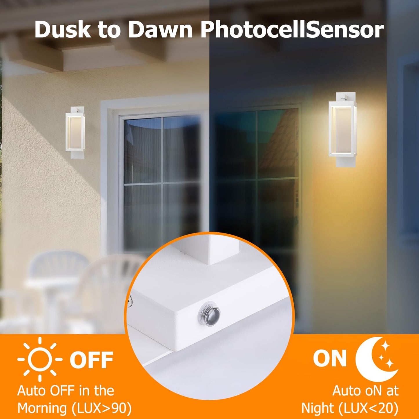 Inowel Dusk to Dawn Outdoor Wall Light White LED Exterior Light Fixture for House,15in Porch Light Outdoor Wall Mount Sconce with Clear Glass