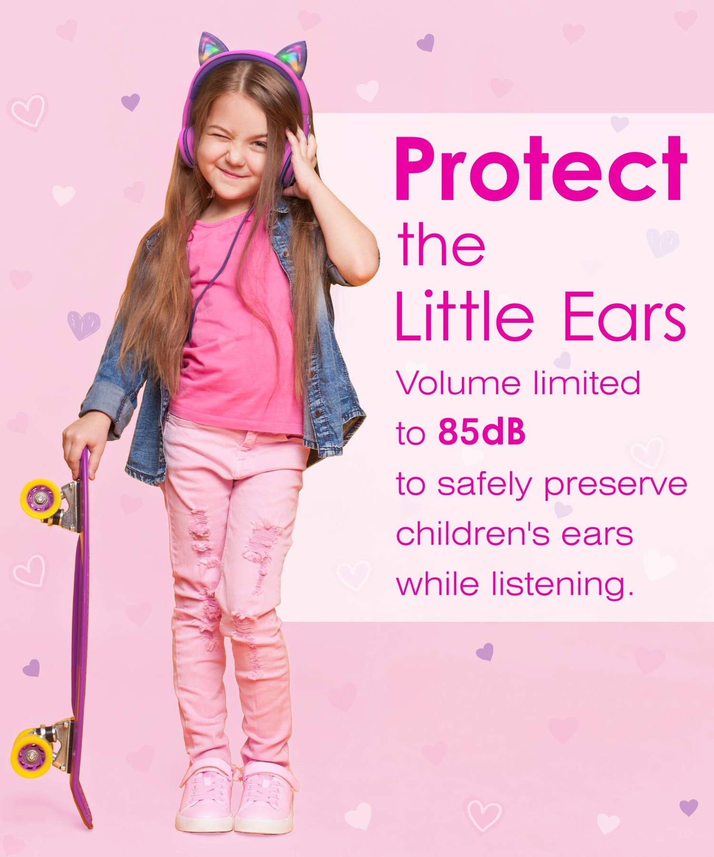 FosPower Kids Headphones with LED Cat Ears (85dB Safe Volume Limit), 3.5mm Soft On-Ear Wired Headphones with Tangle-Free Laced Cables