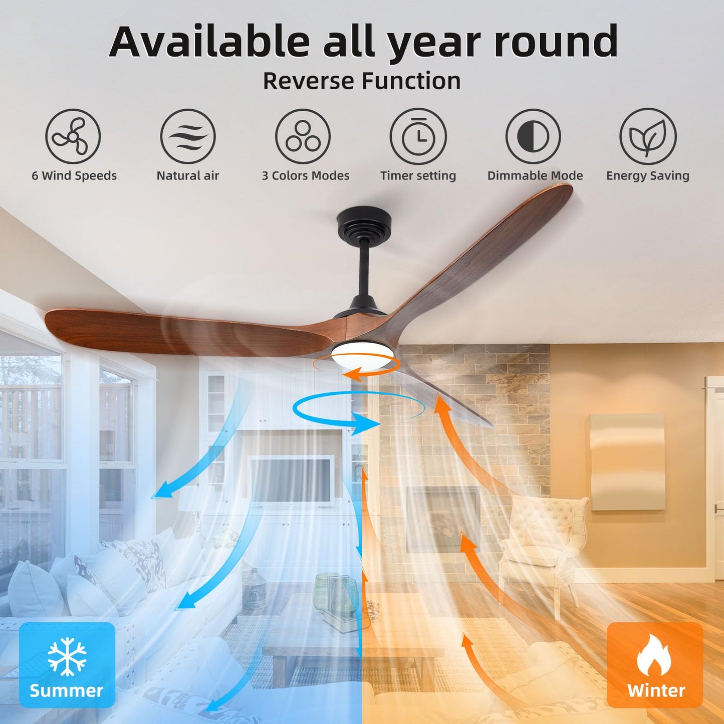 Homlit Ceiling Fan with Lights, 72'' Solid Wood Indoor/Outdoor Ceiling Fan with Quiet Reversible DC Motor, Compatible with Alexa/Google/App, 3CCT