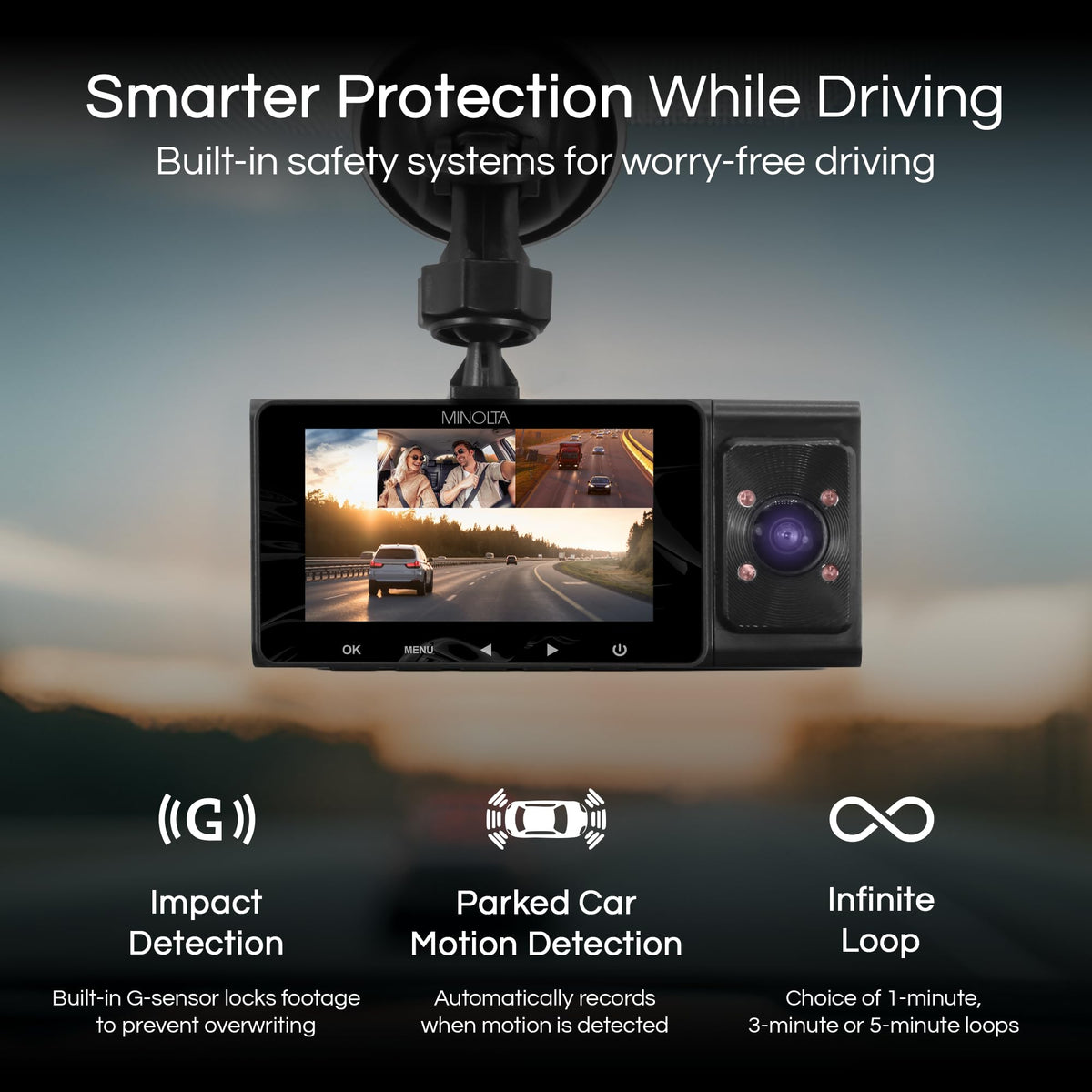Minolta MNCD338T 3-Channel 1080P Dash Camera w/Rear & Interior Cam (Blue)