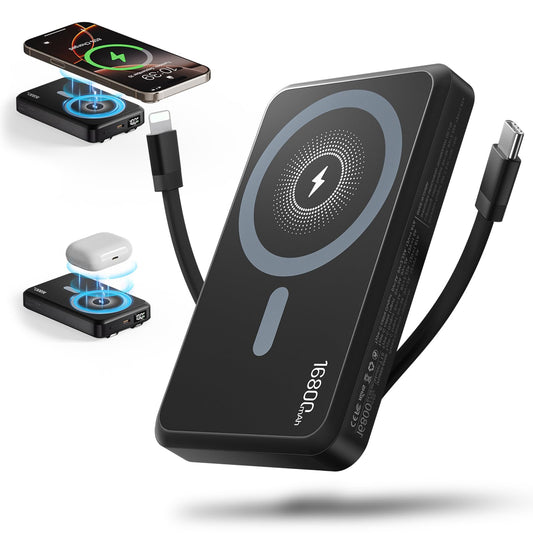 Tryetas 2026 Magnetic Wireless Power Bank, 16800mAh Portable Charger with 2 Built in Cables, LED Display Magnetic Battery Pack Travel Essentials
