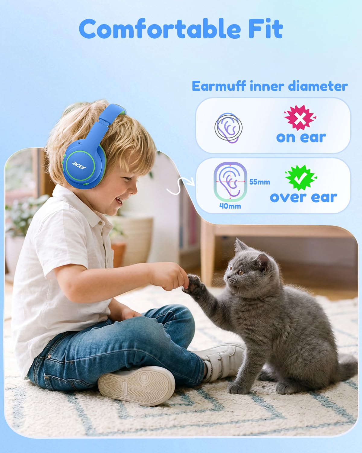 Acer Kids Bluetooth Headphones, Over Ear Headphone for Kids with Mic, 75H Playtime, 85dBA Safe Volume, Bluetooth 6.0, USB C Fast Charging, Toddler