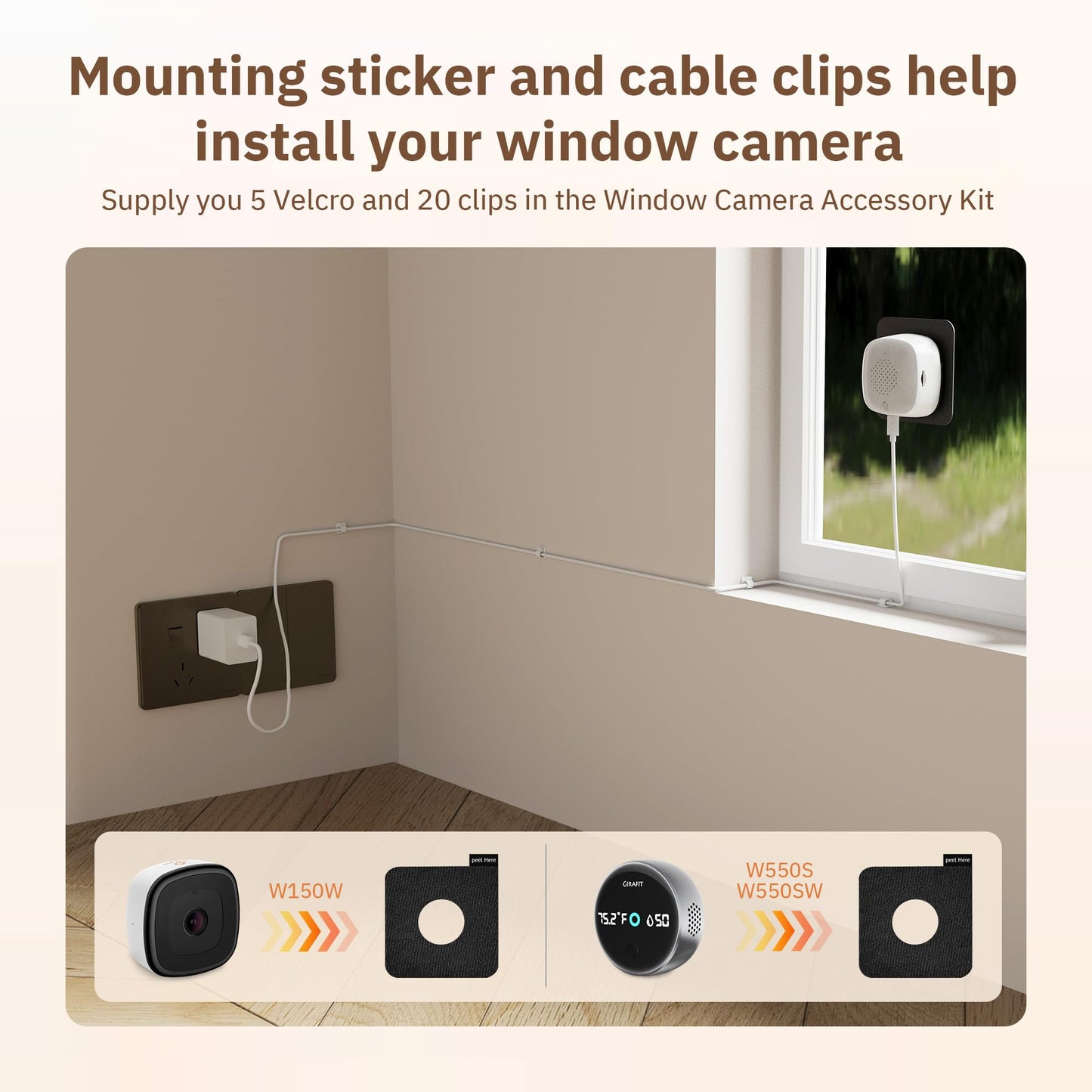 Girafit Window Camera Accessory Kit with 4 Mounting Stickers, 20 Cable Clips, Easy to Install, Tear Off Cleanly
