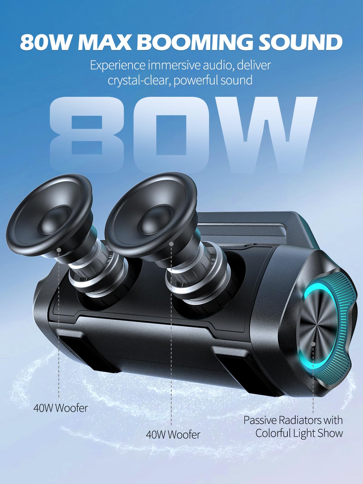 Xonera Speakers Bluetooth Wireless, 80W Peak Loud Outdoor Speaker with Bass, 20H Playtime, IPX6 Waterproof, TWS?BT5.3, Portable for Camping Hiking