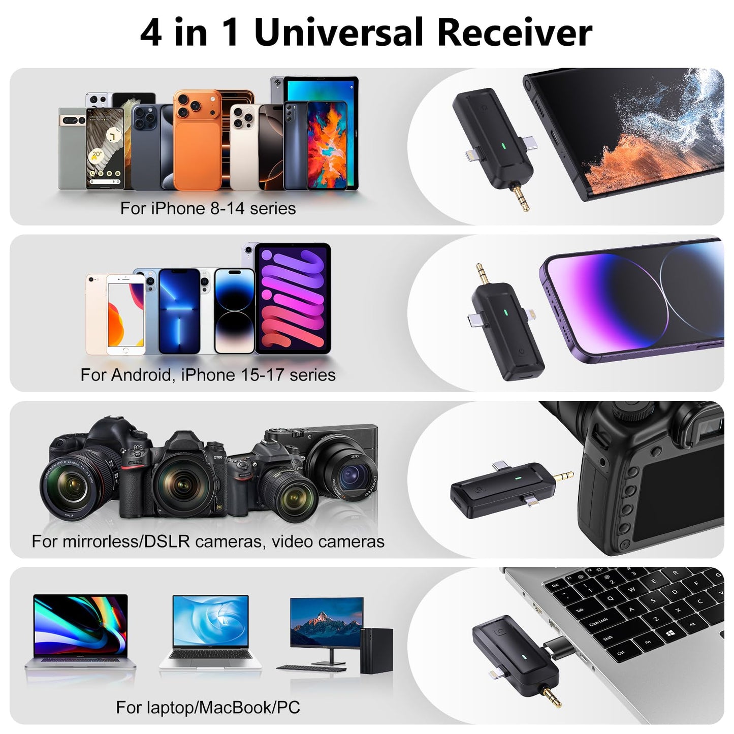 wireless lavalier microphone, suitable for iPhone/Android phones/cameras/computers/four in one lavalier microphone, suitable for video and audio
