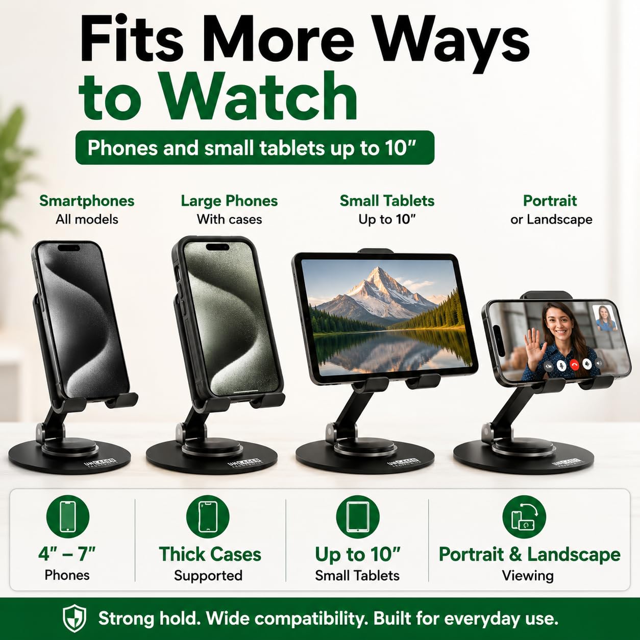 Uncaged Ergonomics 360° Swivel Rotating Adjustable Phone Stand for Desk, Portable & Foldable Cell Phone Stand for Desk, Compact Mobile Stand