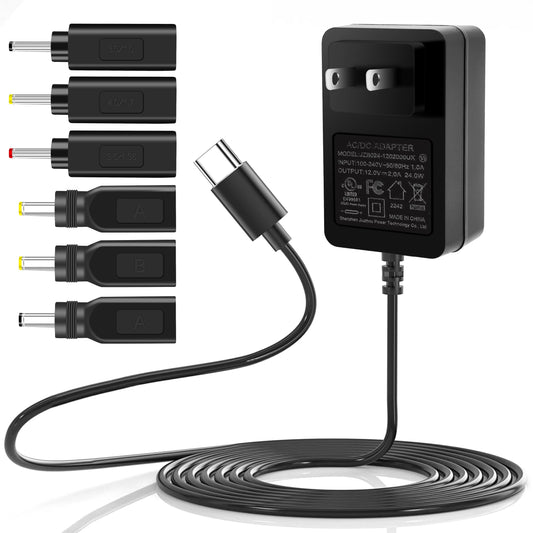 Type C Power Supply 12V 2A 24W Universal AC/DC Adapter 100-240V 50-60HZ Input Transformer DC 5.5X2.5MM 3.5X1.35MM Output Plug Widely Compatible CCTV…
