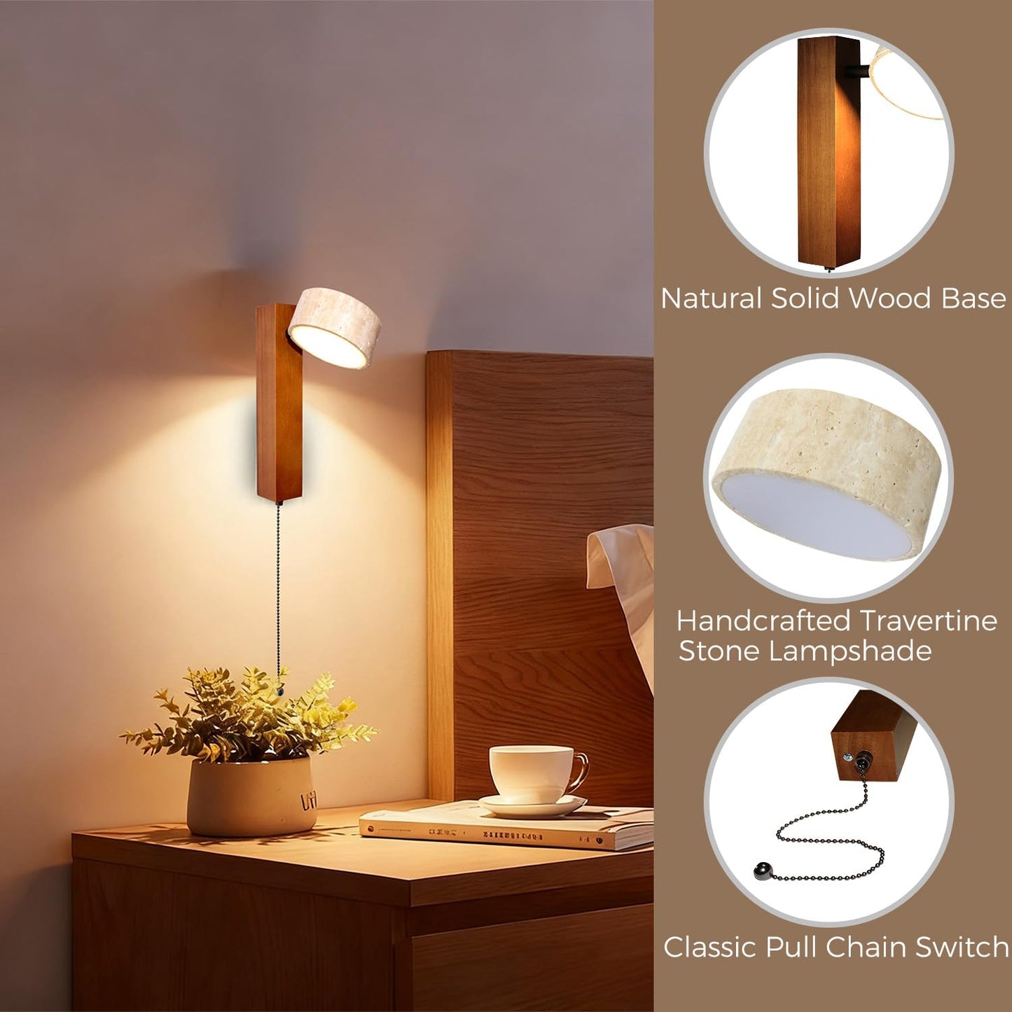 LED Wood Wall Sconce with Pull Chain Switch, Black Walnut Base with Rotatable Yellow Travertine Stone Lampshade, Built-in LED Light, Modern Rustic