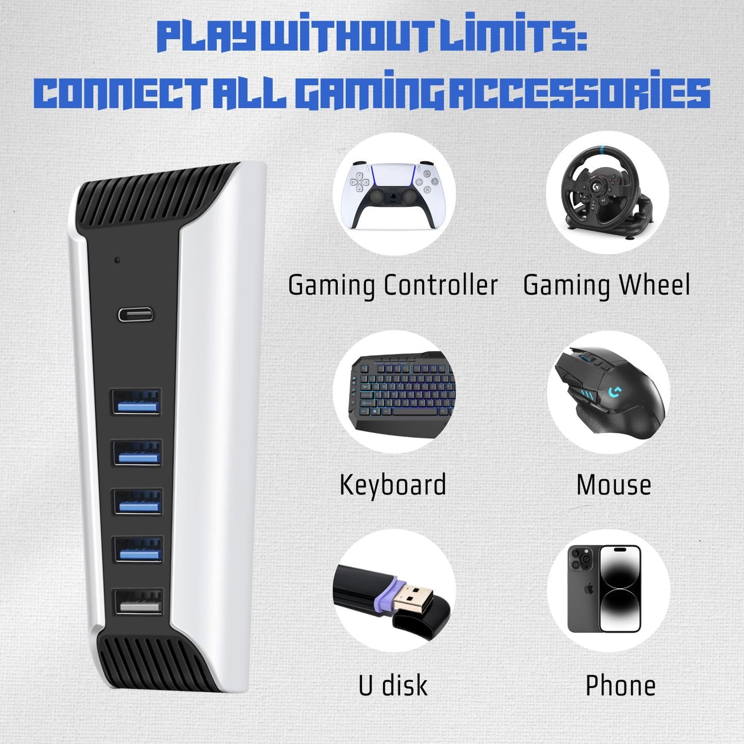 TNP USB Hub for PS5 Console - High-Speed USB Port Extender Expansion Adapter with 4X USB 2.0, 1x USB 3.1 & 1x Charging Port for PlayStation UHD