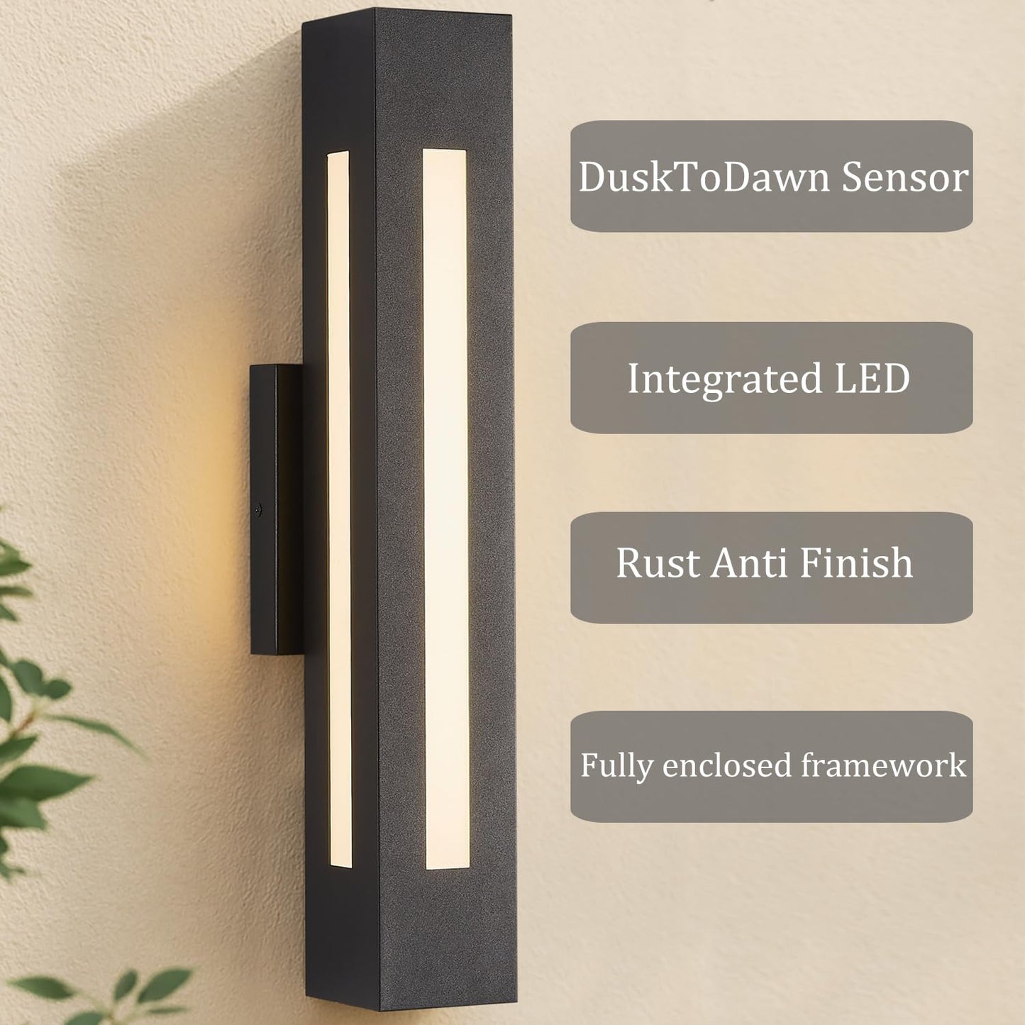 Mythluma Automatic Outdoor LED Wall Light - Dusk to Dawn Sensor, 30W 2100LM for Large Entrances, 4.33x19.7 Inch IP65 Waterproof Black