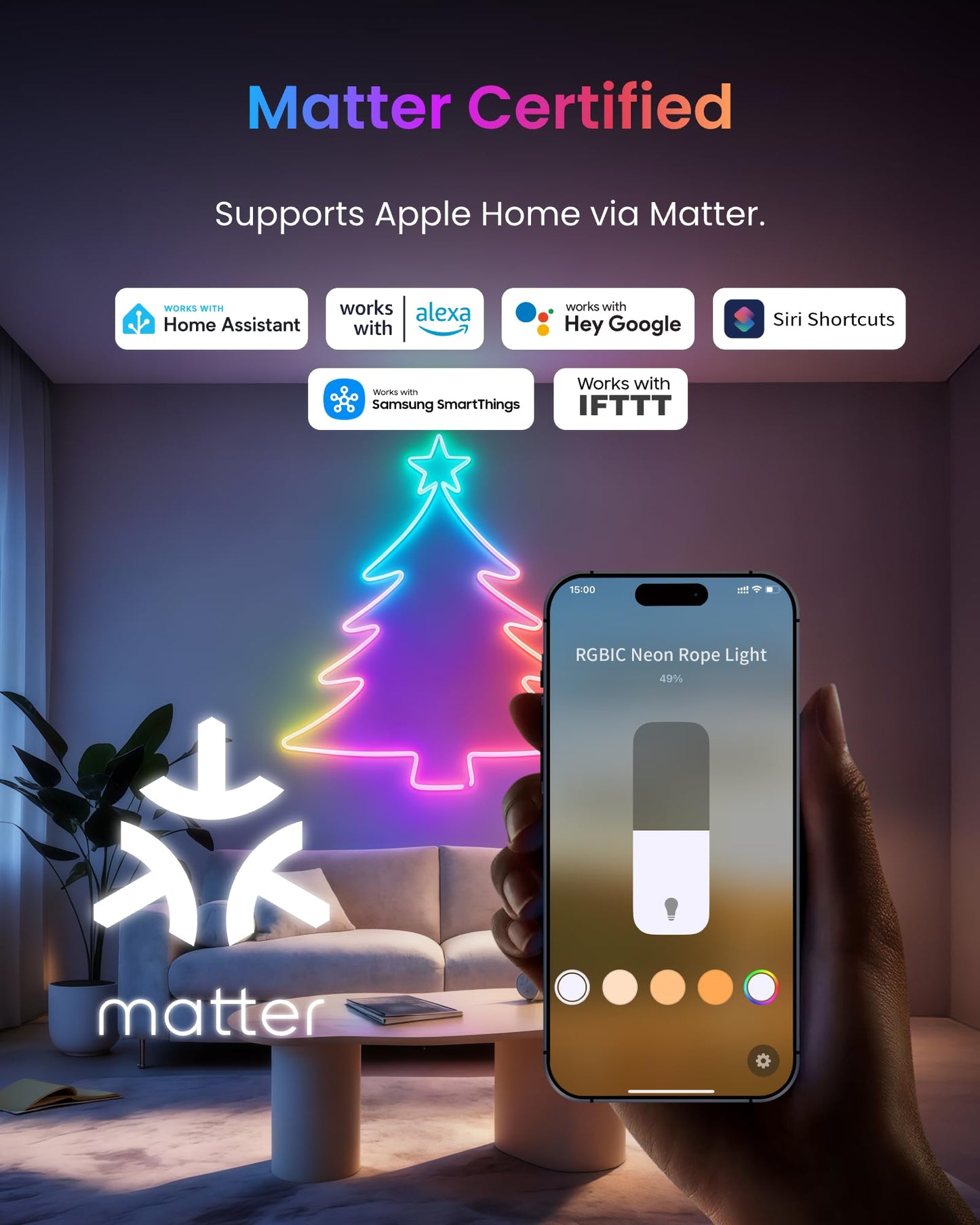 SwitchBot RGBIC Neon Rope Light, 5M Matter-Certified Neon Strip Lights Works with Apple Home, Alexa and Google Home, 16 Million Colors, Music Sync